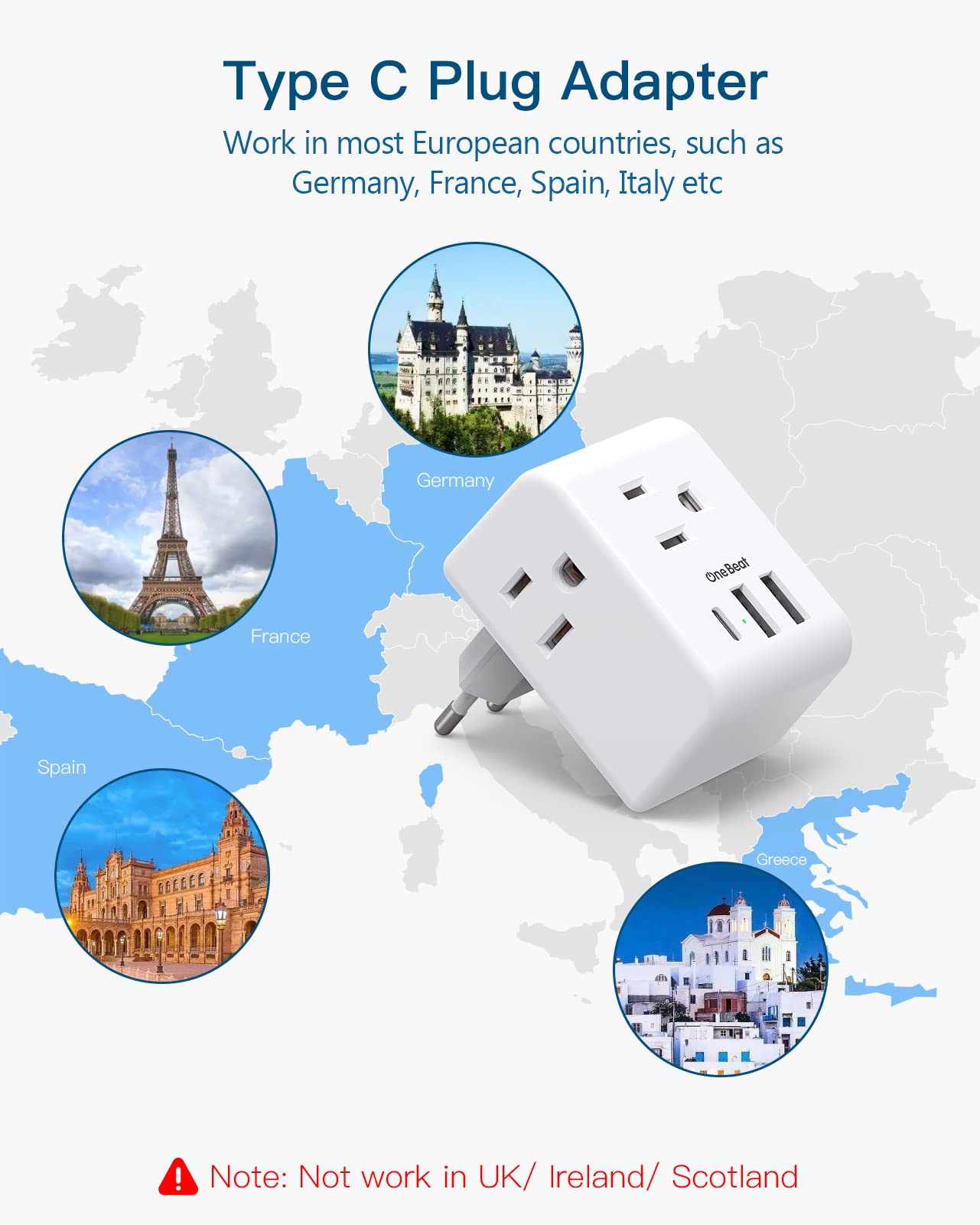 2 Pack European Travel Plug Adapter, International Power Adapter With 3 Outlets 3 Usb Charging Ports(1 Usb C), Type C Plug Adapt