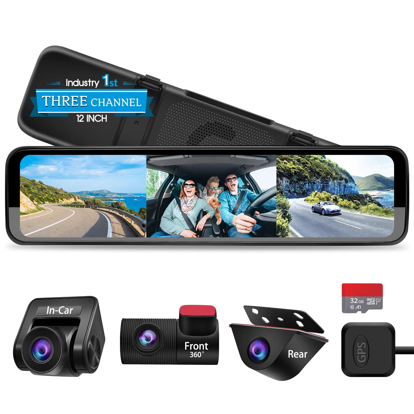 Pormido Triple Mirror Dash Cam 12' With Detached Front And In Car Camera,Waterproof Backup Rear View Dashcam Anti Glare 1296P Ips Touch Screen With Sony Sensor,Starvis Night Vision,Gps,Parking Assist