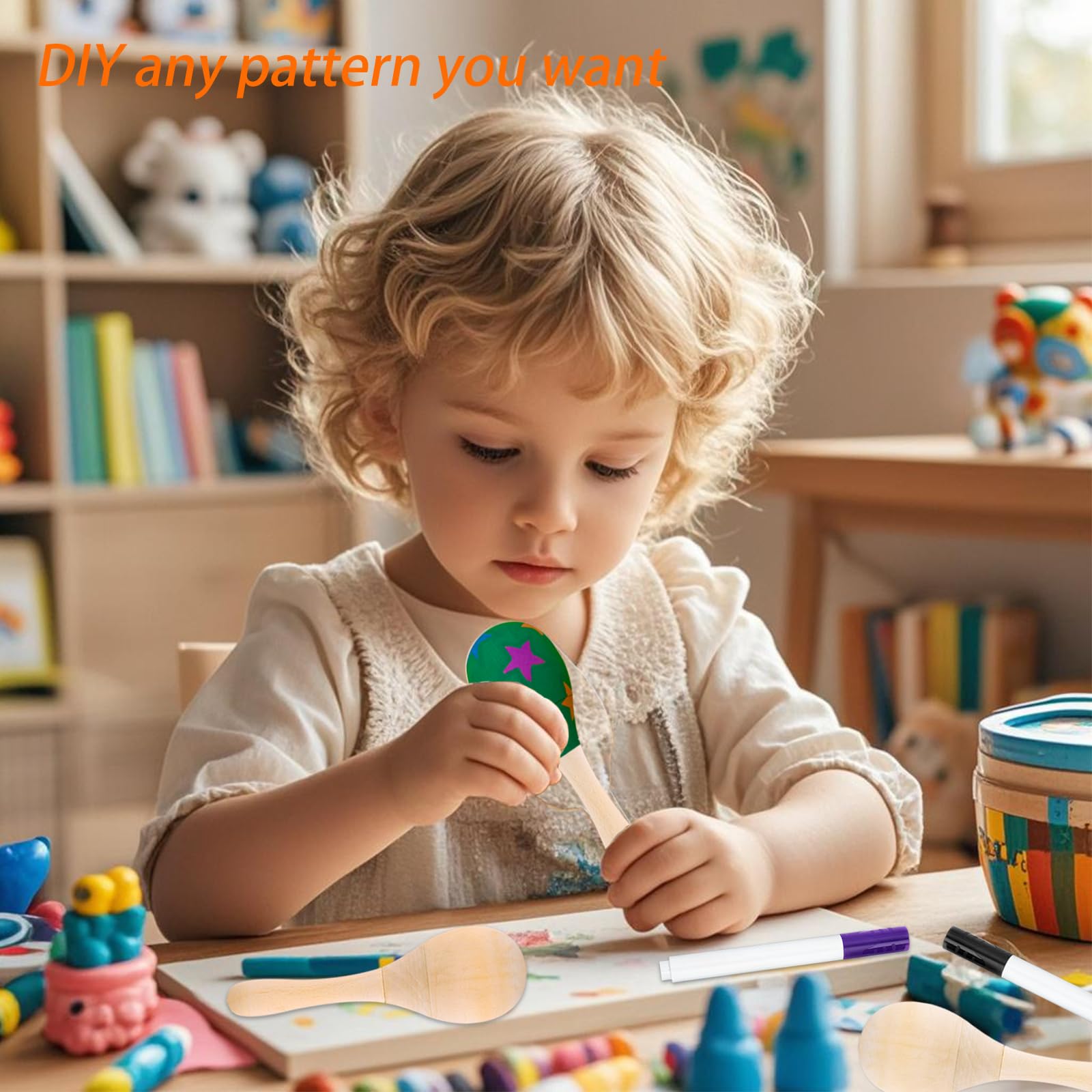Chrorine 24/36Pcs Wooden Maracas For Kids, Diy Set With 24Pcs Color Pens, Maracas Musical Instruments For Cinco De Mayo Mexican