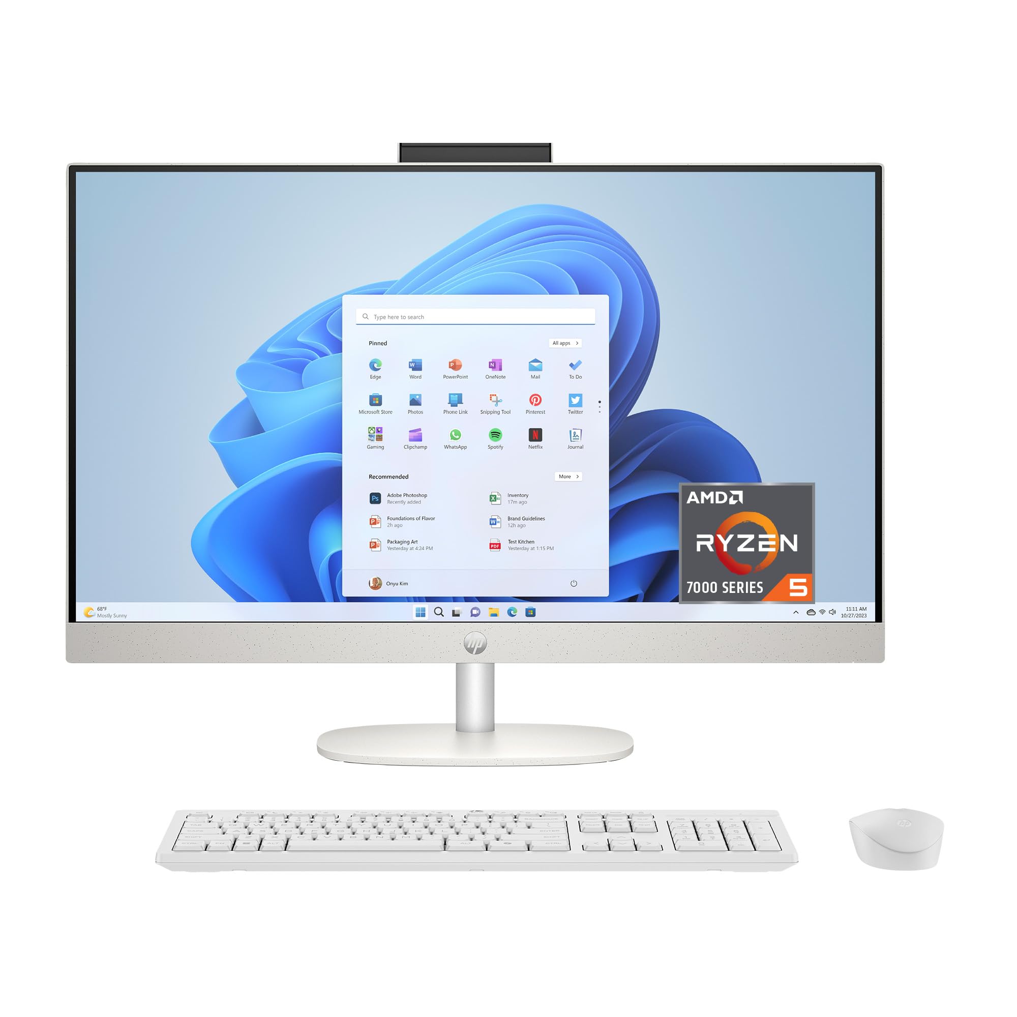 HP 27 inch All-in-One Desktop PC, FHD Touchscreen, AMD Ryzen 5 7520U, 8 GB RAM, 512 GB SSD, AMD Radeon Graphics, Windows 11 Home
