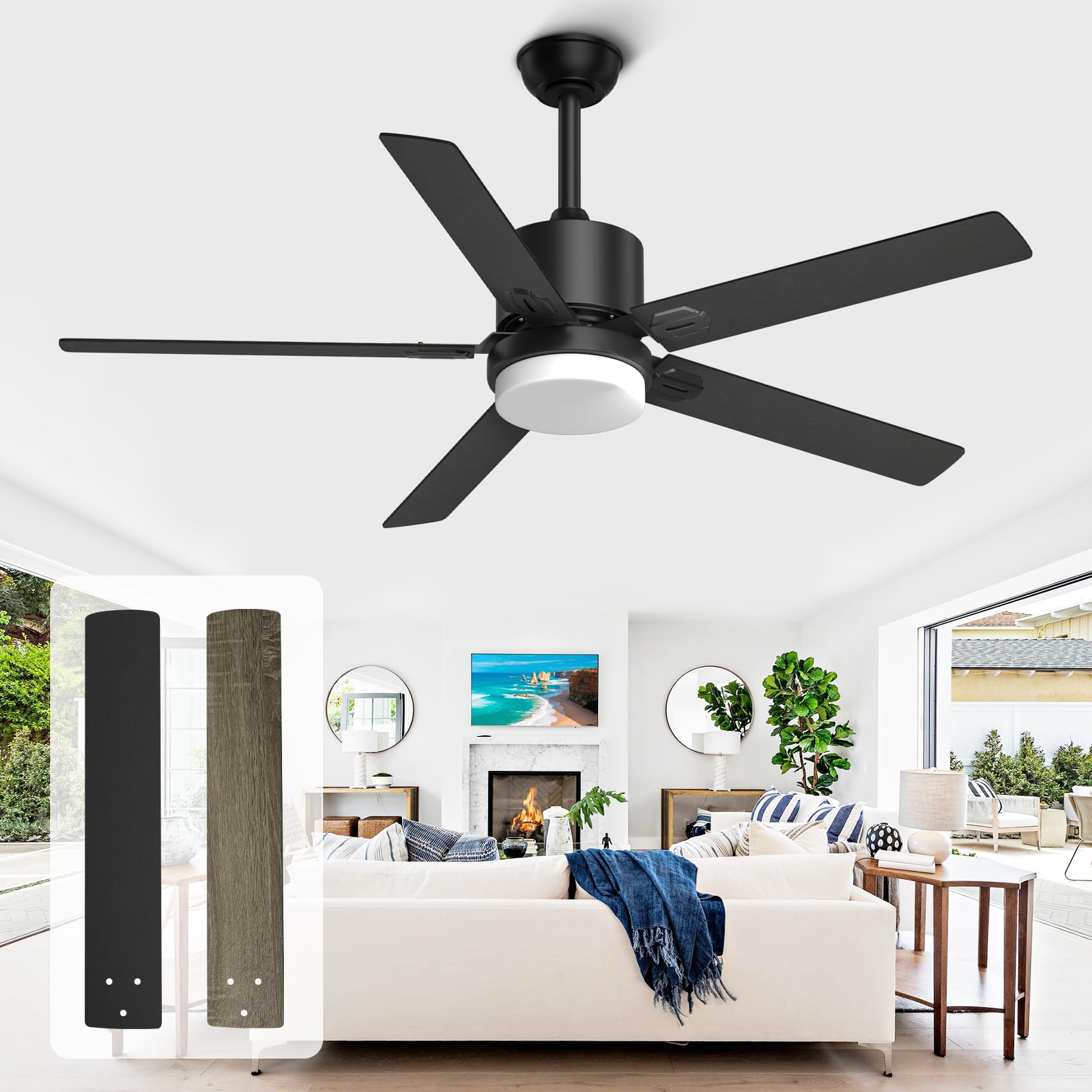 Alescu Black Ceiling Fans With Lights   Outdoor Ceiling Fan With Remote, 52 Inch Modern Ceiling Fan For Patio, Bedroom Living Ro