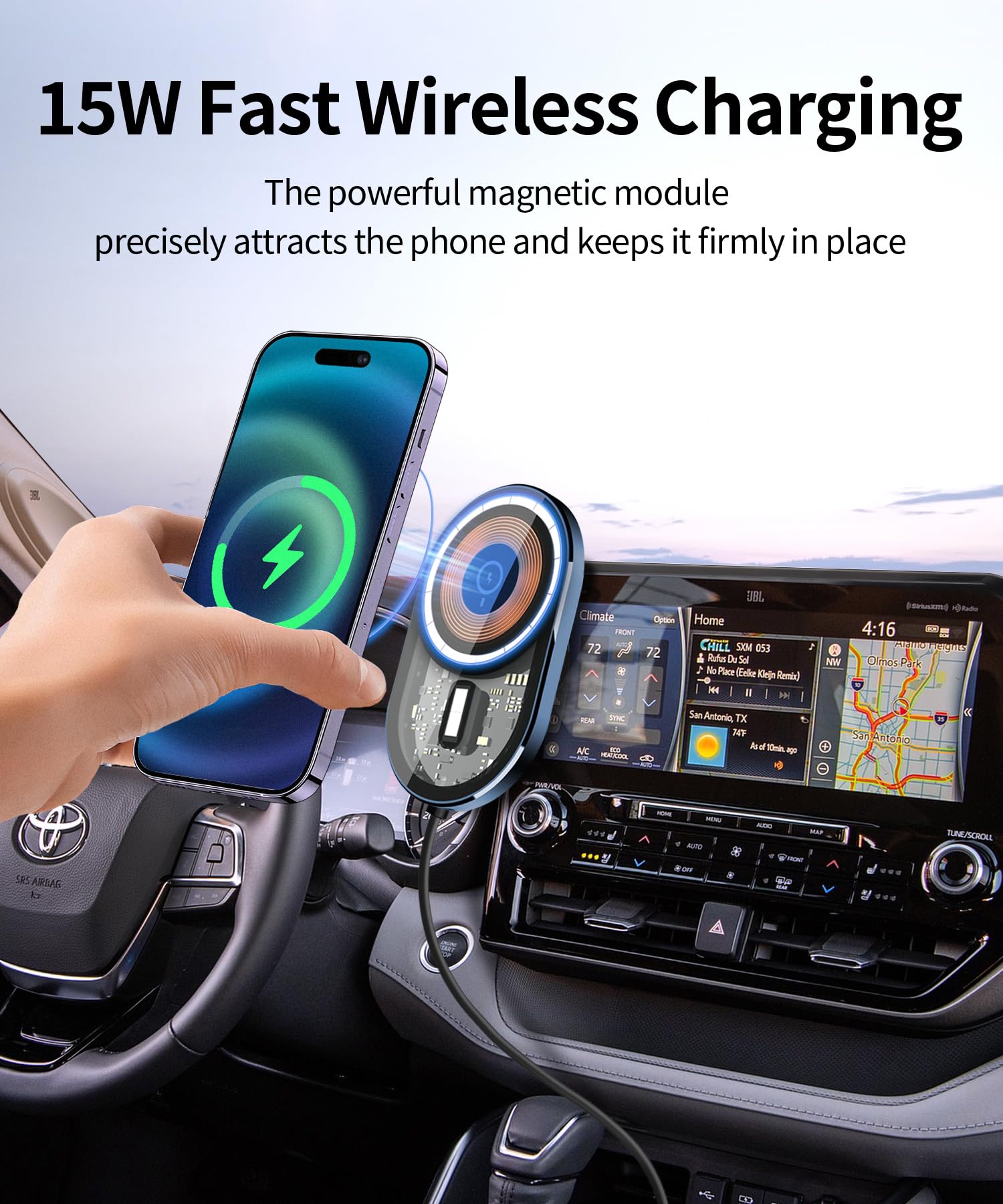 Masergogo Wireless Charging Car Phone Holder For Toyota Highlander/Hybrid 2020-2025 Accessories 12.3 Inch Screen Fixed Clip,360