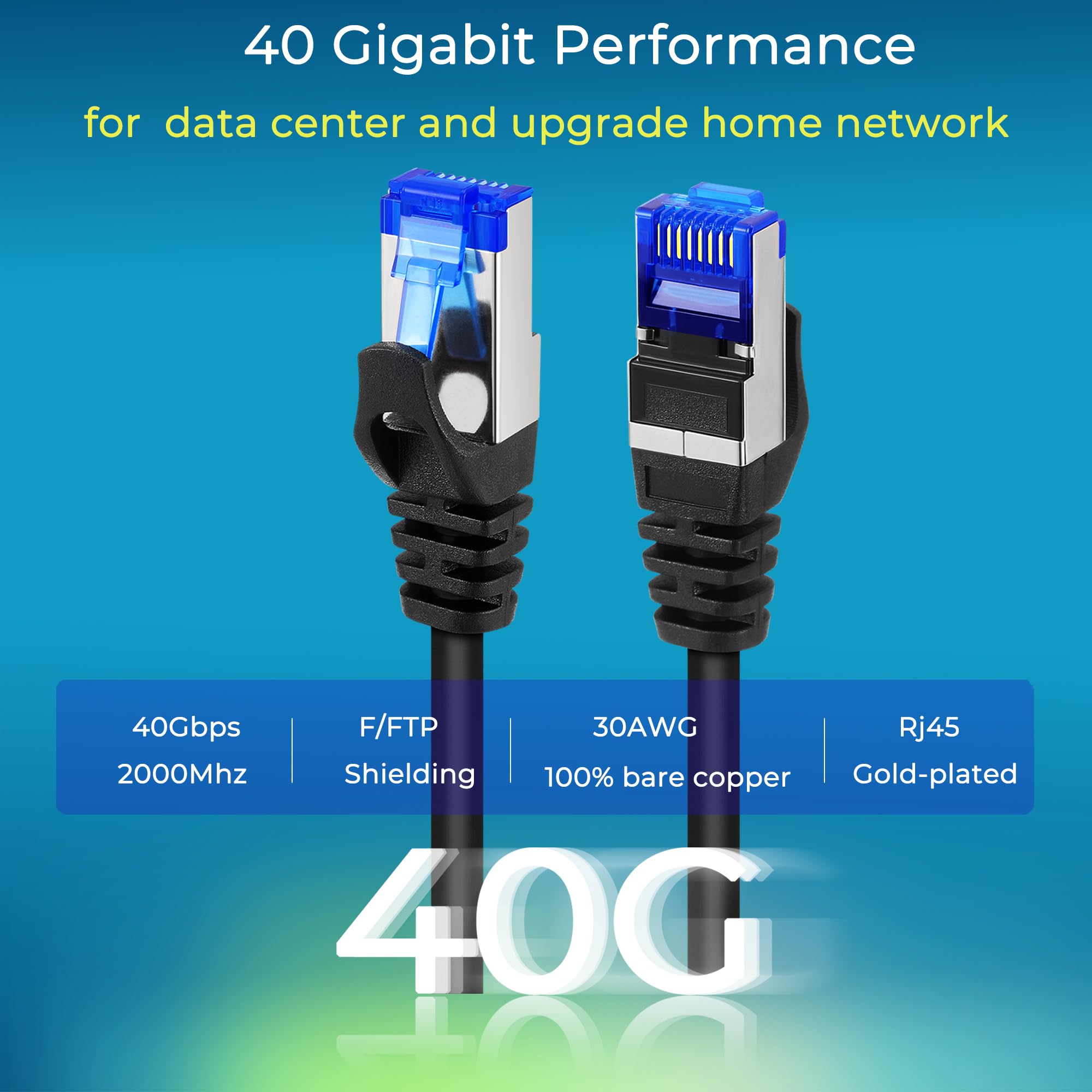 Rapink Patch Cables Cat8 1Ft 10 Pack Slim, Cat8 Ethernet Patch Cable 40G Support, Snagless Cat 8 Patch Cable For Patch Panel To Switch, Flexiable Cat 8 Ethernet Cable Datacenter With Gold Plated