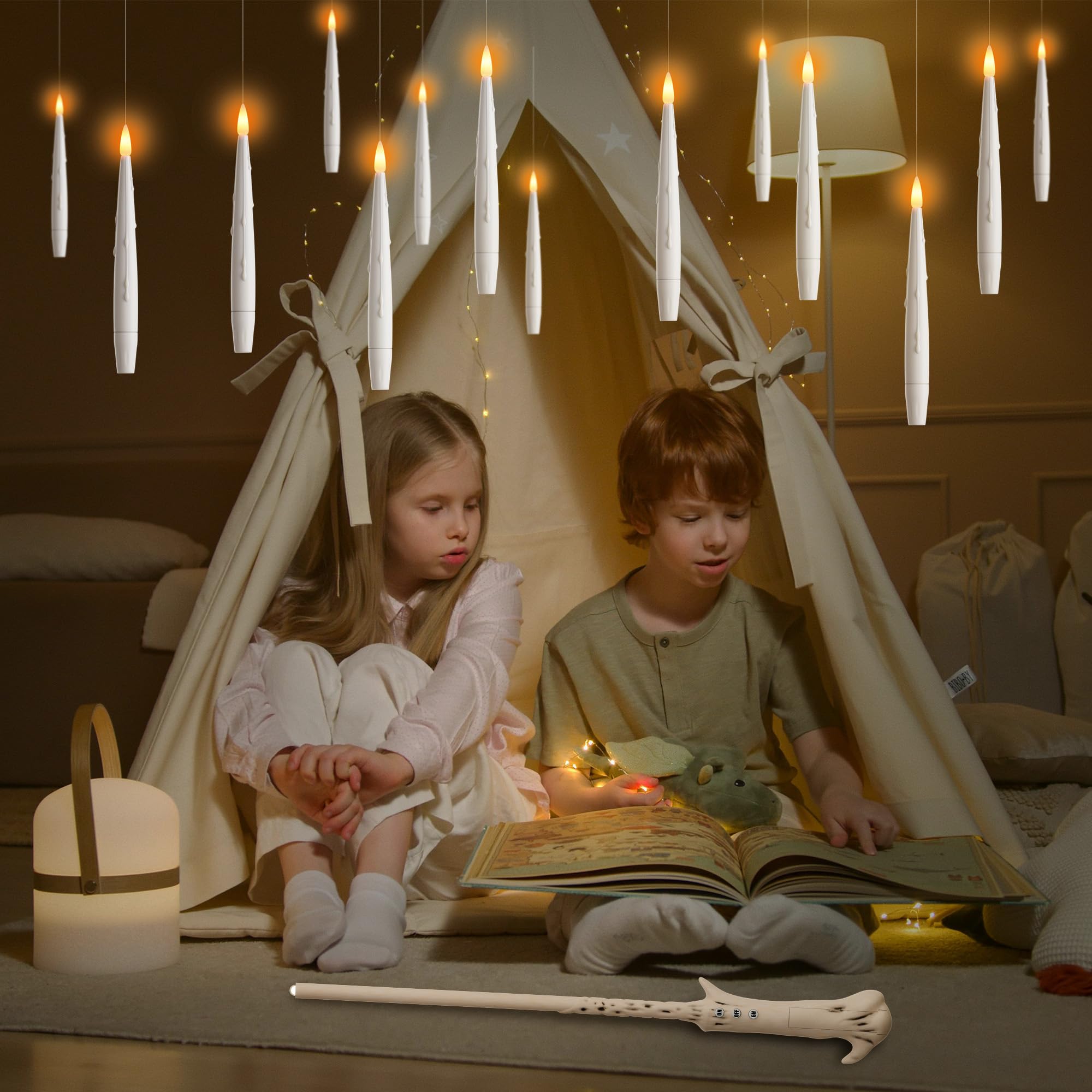 Afineth Floating Candles With Wand, Magic Hanging Candles, Flickering Flameless Floating Led Candles, White Battery Operated Ele