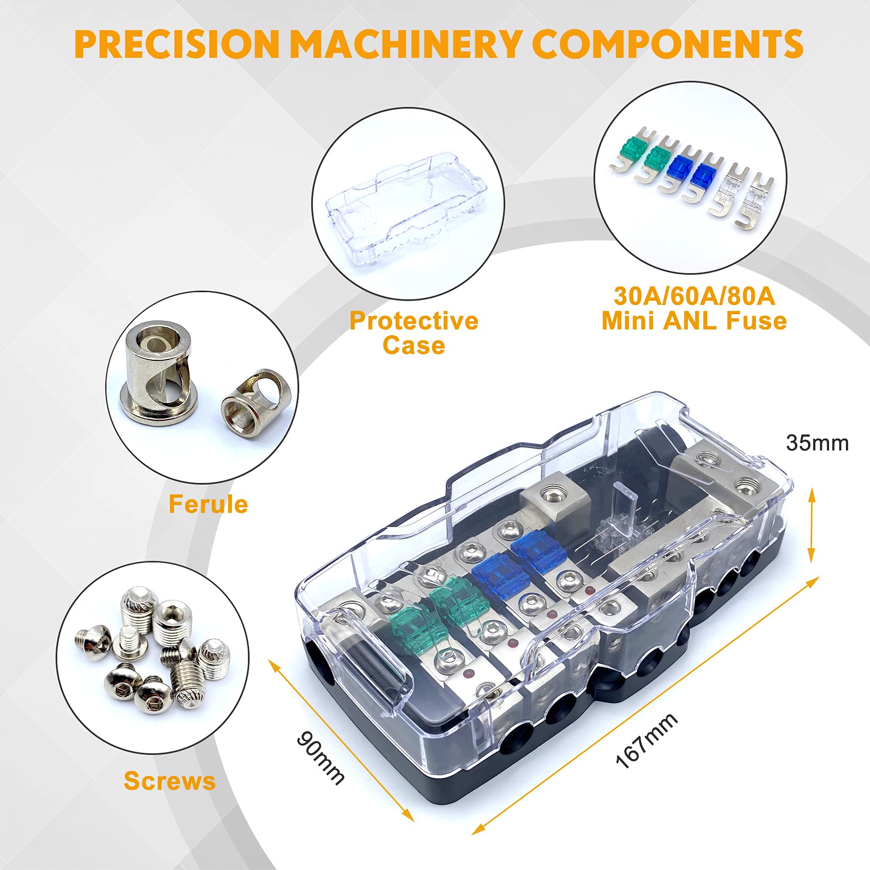 Erayco 4 Way Mini Anl Fused Distribution Block With Ground Block, 12V 48V 0/4 Gauge Power Distribution Block, Car Audio Amplifie