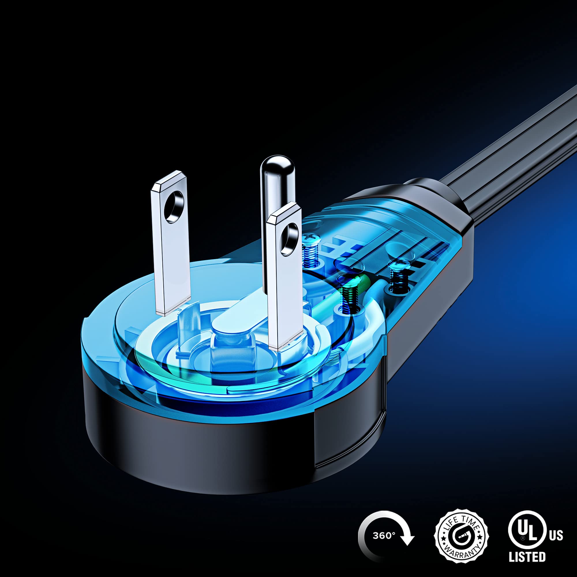 Maximm 360 Degree Rotating Flat Extension Cord 12 Ft Multi 3 Outlet Power Cord Grounded 16 Awg Ul Certified, Black