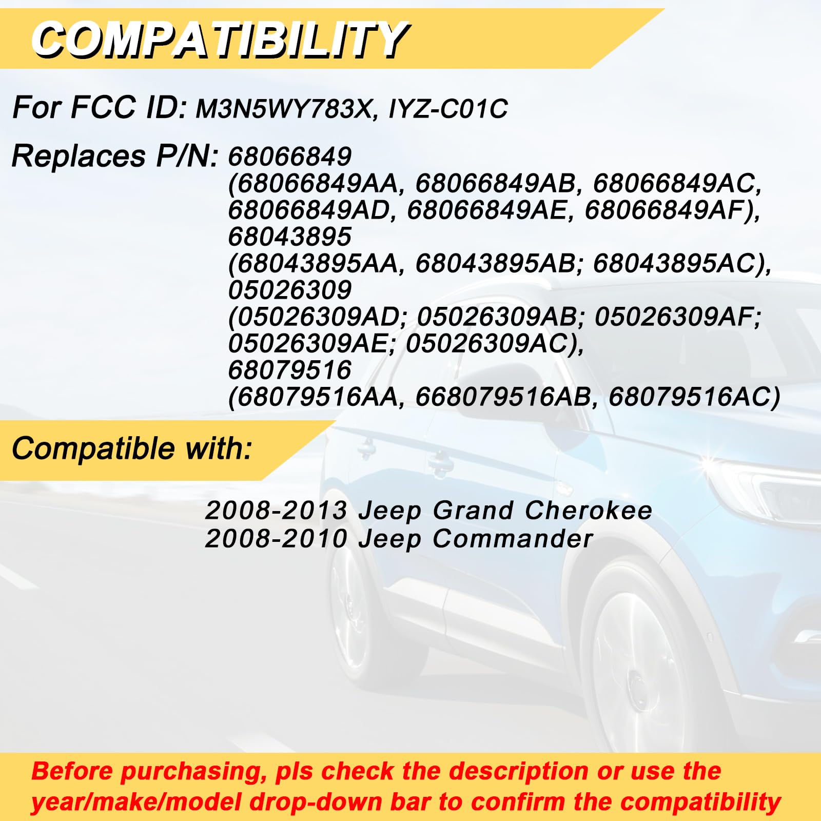 Vurkcy Key Fob Replacement For 2008-2013 Grand Cherokee/ 08-10 Commander Car Keyless Entry Remote Control, M3N5Wy783X Iyz-C01C,