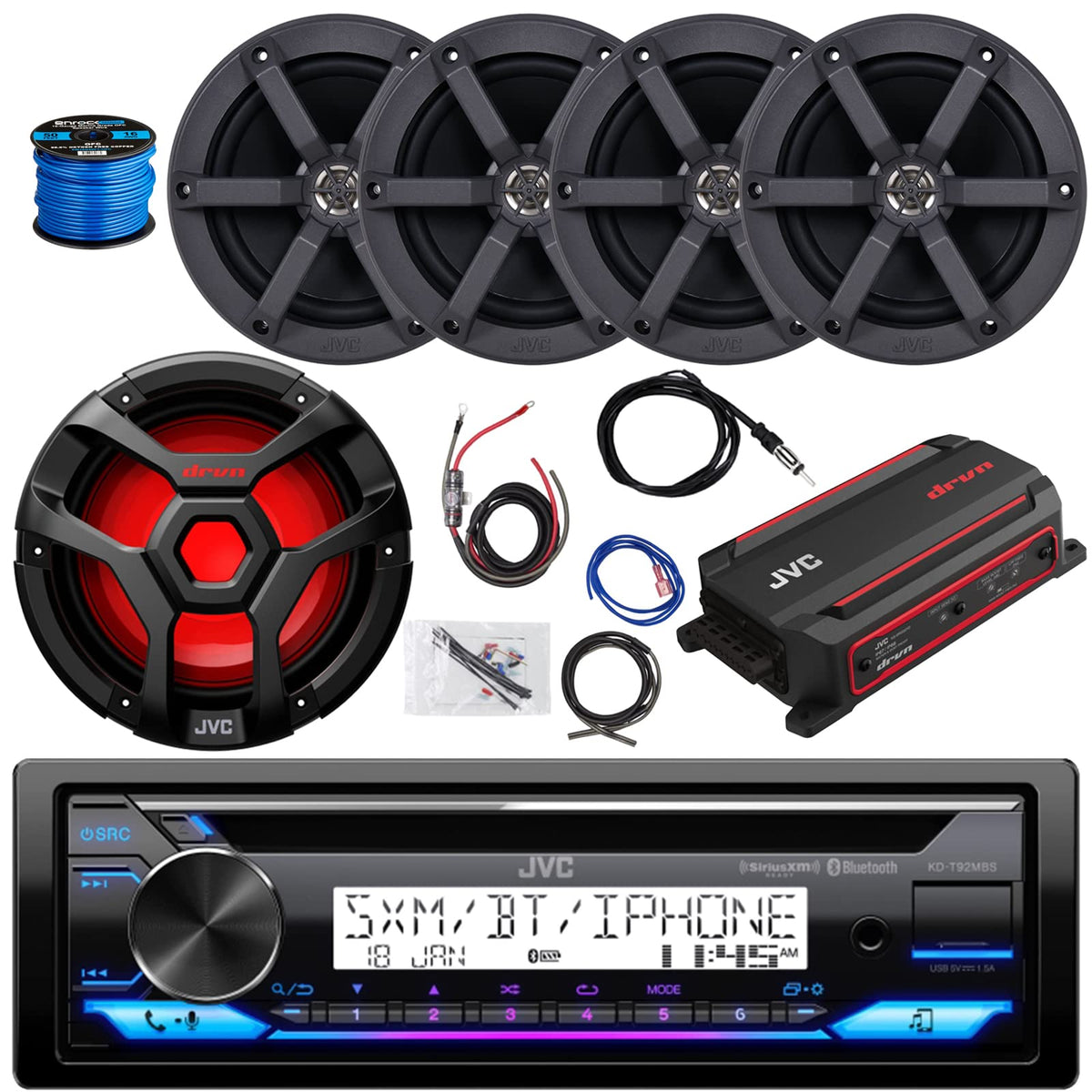 Jvc Single Din Marine Bluetooth Usb/Aux Cd Stereo Receiver, 4X 6.5 100 Watt Black Speakers W/Wire, 10'' 1300 Watt Multicolor Led