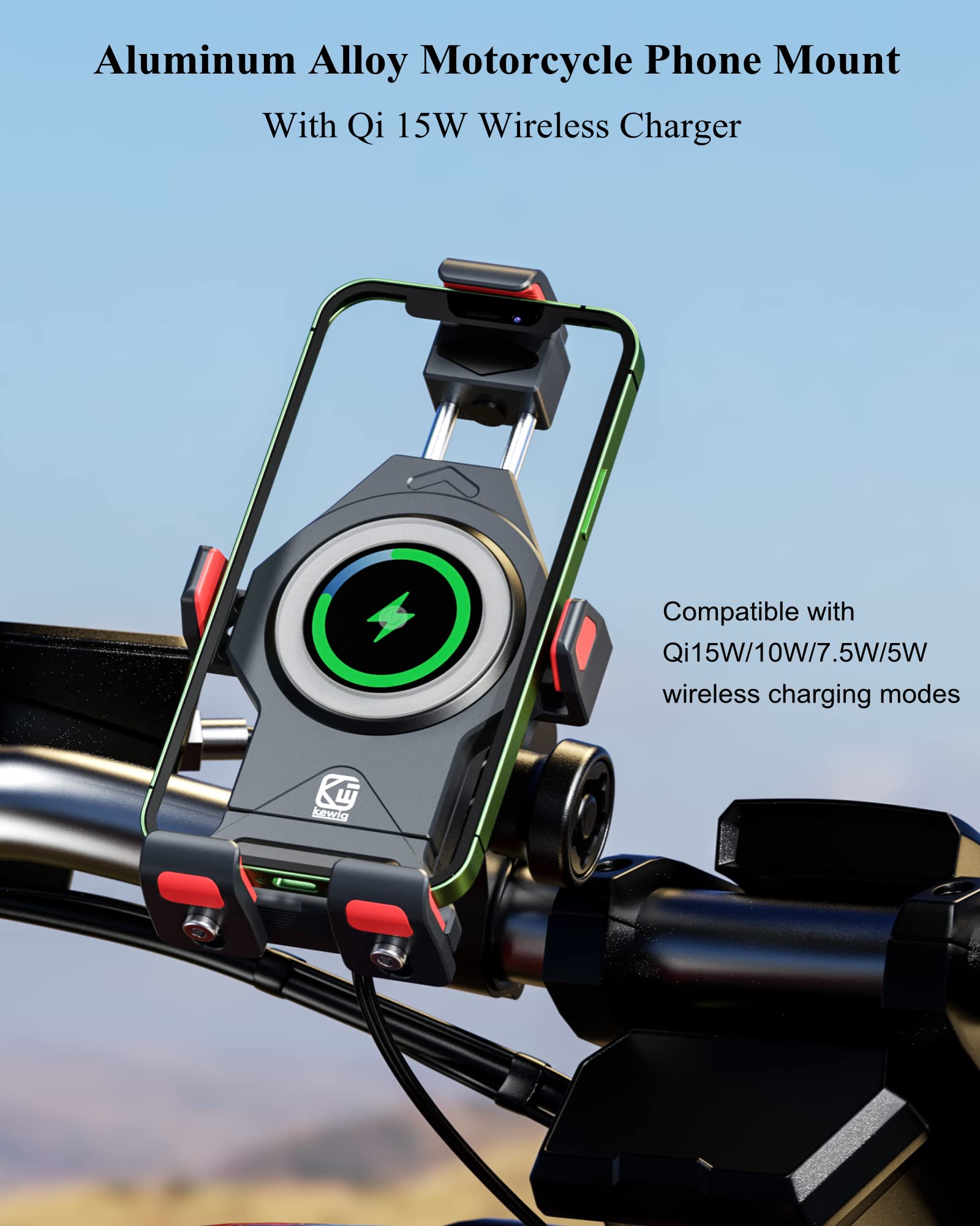 Brcovan Motorcycle Phone Mount With Qi 15W Wireless Charger & Vibration Dampener, Anti Theft, Anti Shake, Adjustable, Aluminum A