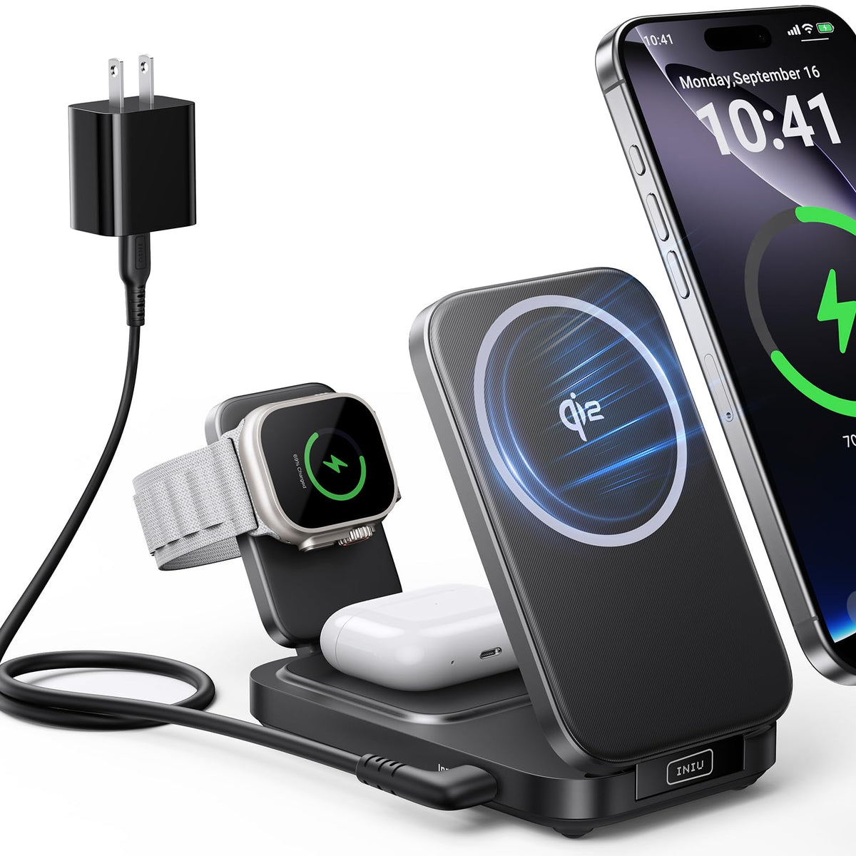 Magcharge Stand INIU 3 in 1 Wireless Charging Station, Qi2 Certified Mag Safe Travel ...