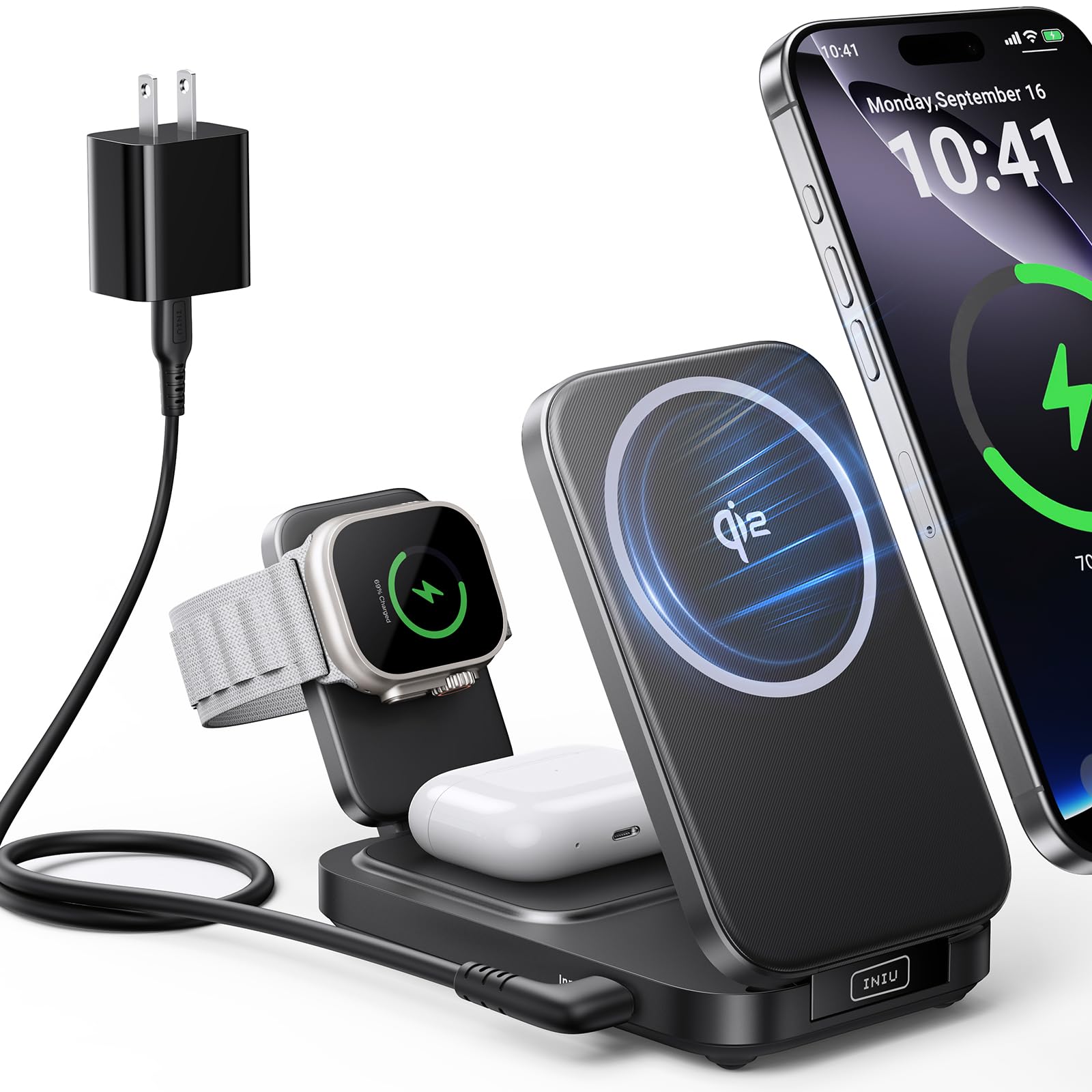 INIU 3 in 1 Wireless Charging Station, Qi2 Certified Mag Safe Travel Charger for Apple Multiple Devices, Foldable Charger Stand 