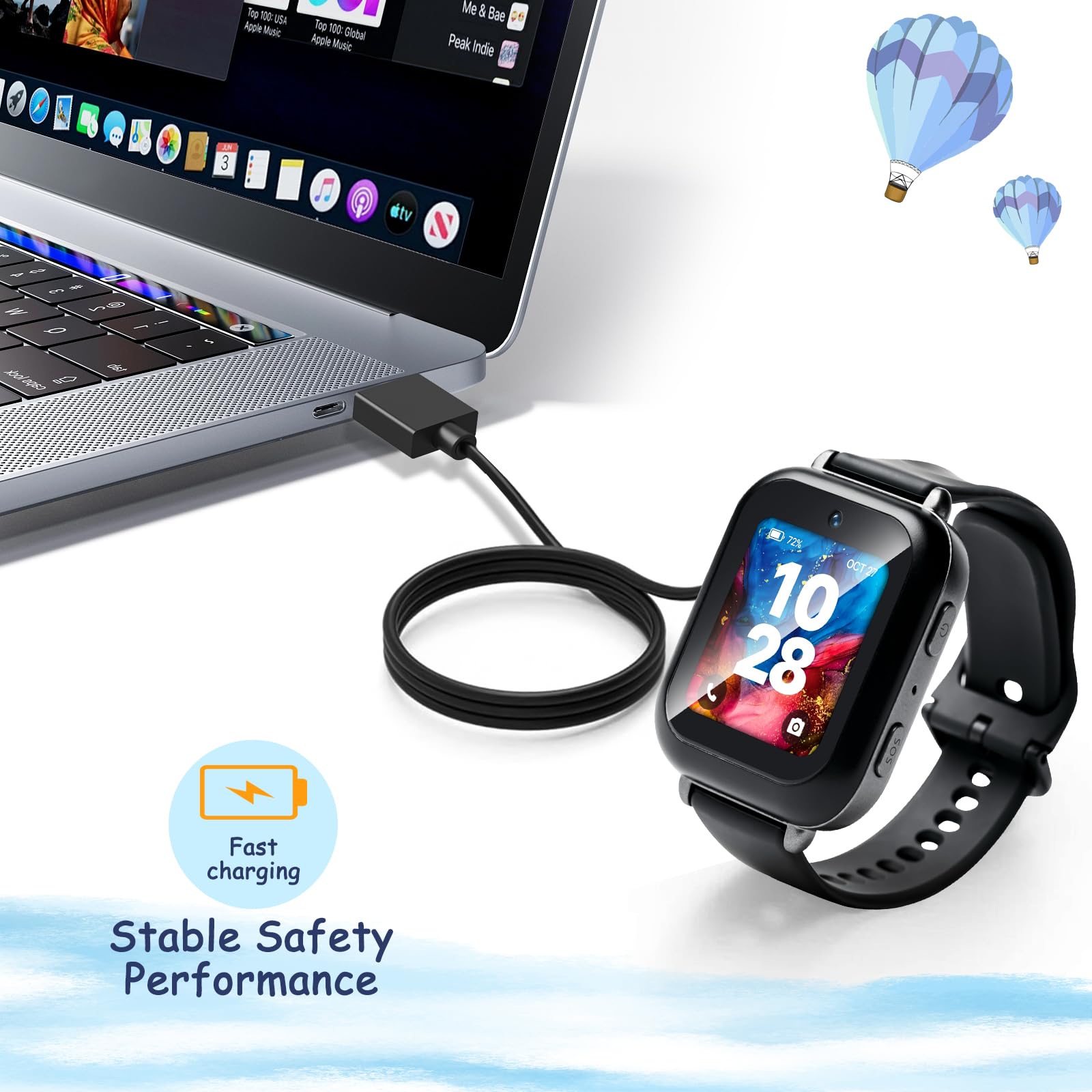 Ottpluscase For 2 Pack Bark Watch Charger, Bark Smart Watch Charger Magnetic Usb Charging Cable Durable Portable (Black+White)