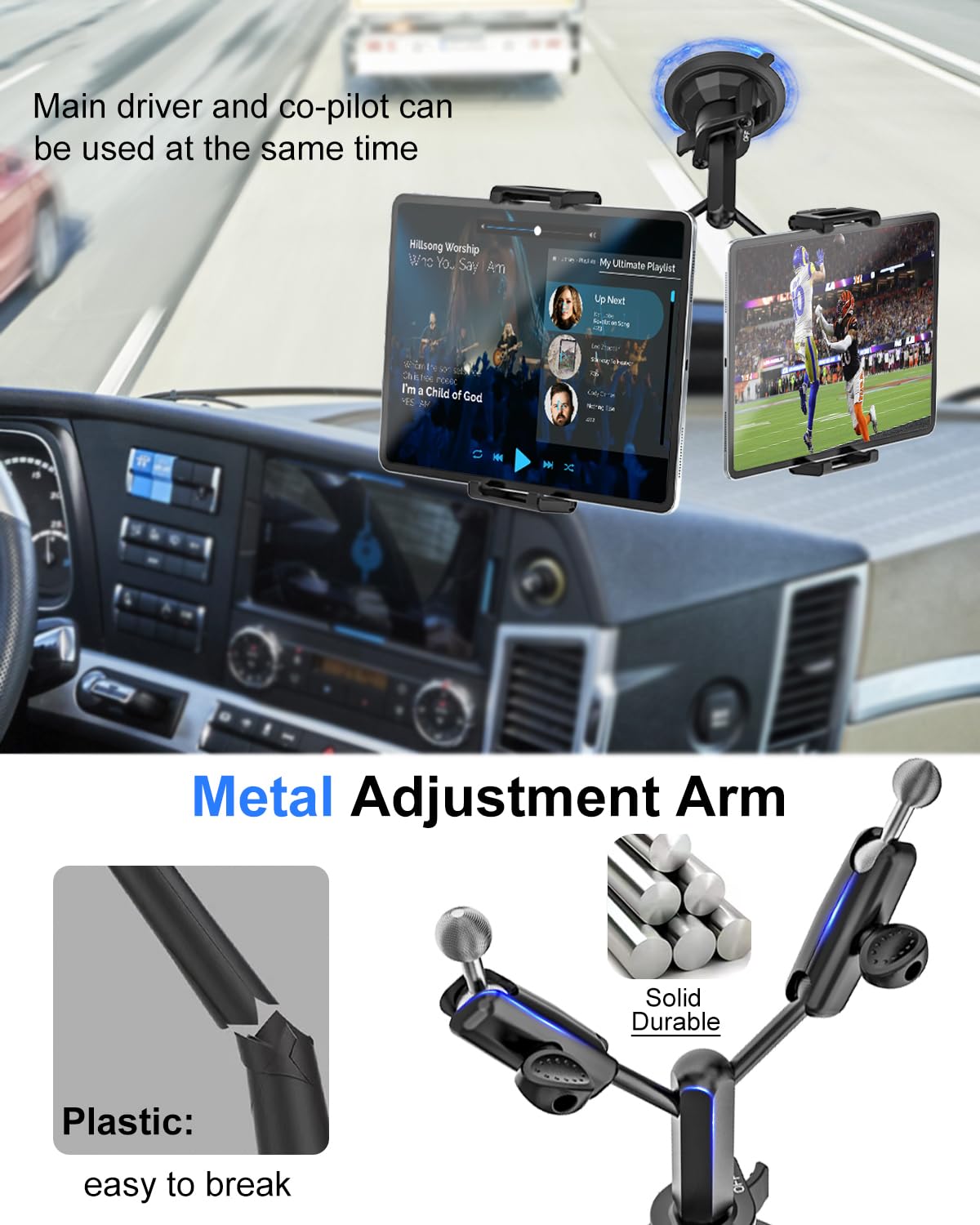 Kolasels Heavy Duty Dual Tablet Holder For Car/Truck [Metal Arm] Dashboard Windshield Double Mount For Vehicle Dash Suction Stan