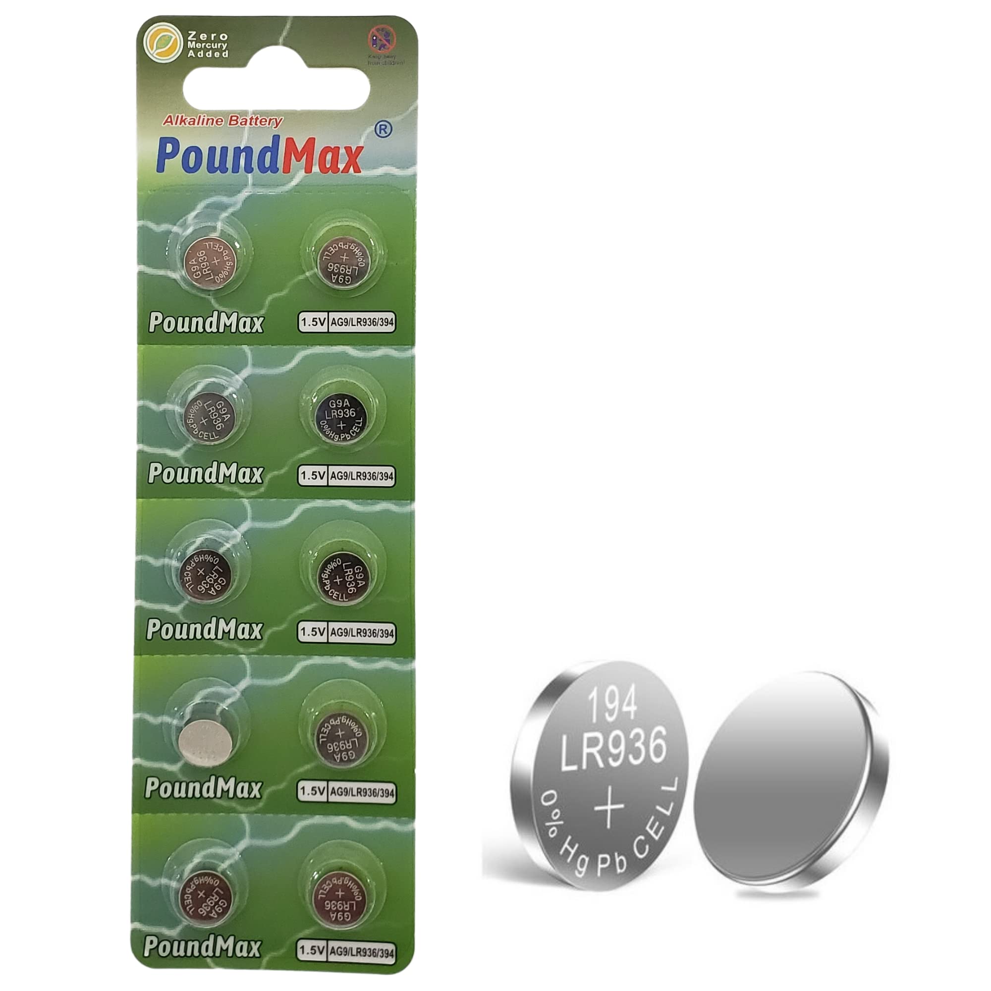 PoundMax AG9 LR936/394 Batteries 1.5v Alkaline Button Cell Battery - 10 Count
