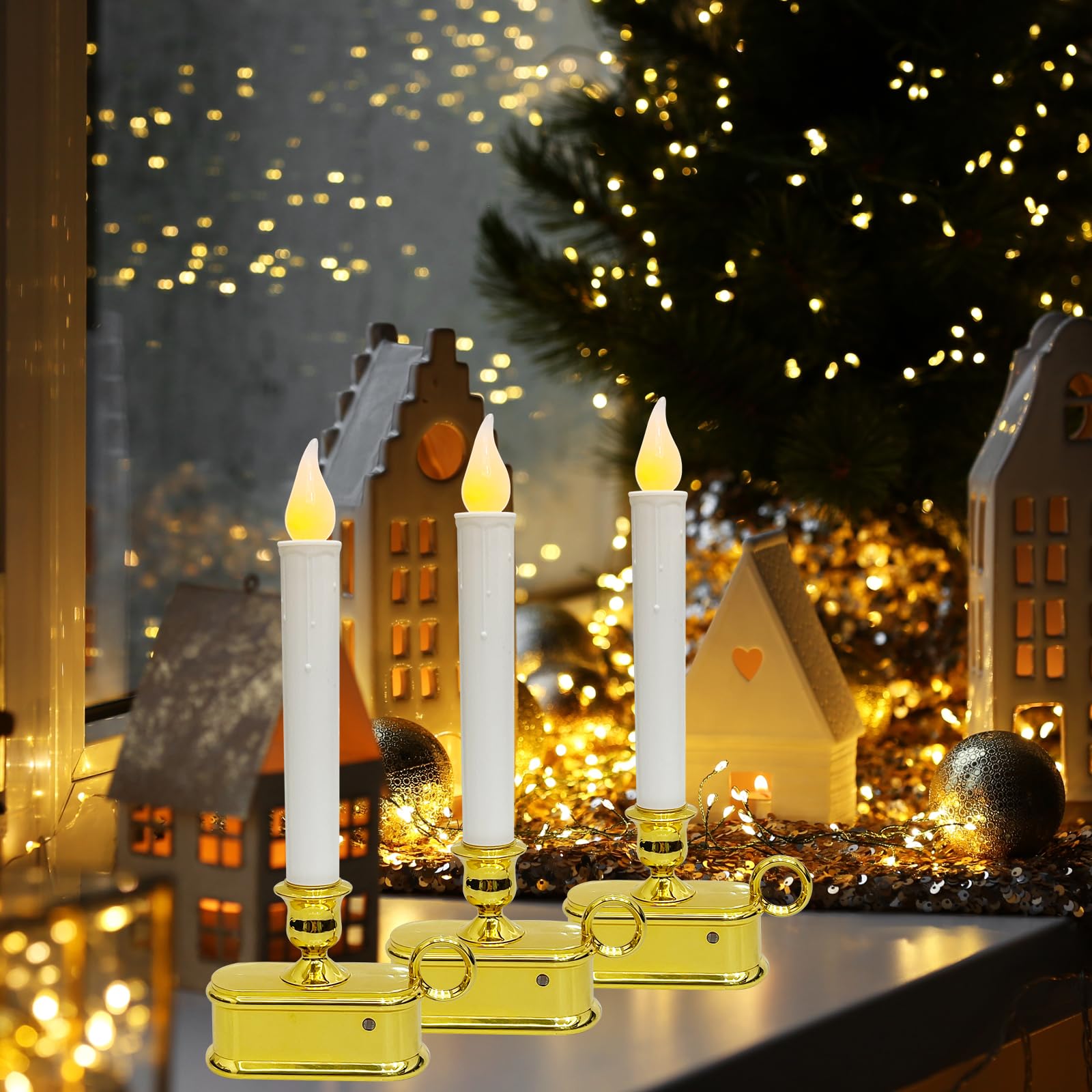 Set Of 4 Battery Operated Led Window Candles, Dusk To Dawn Light Sensor, Flicker Flame Christmas Window Candles With Gold Base,