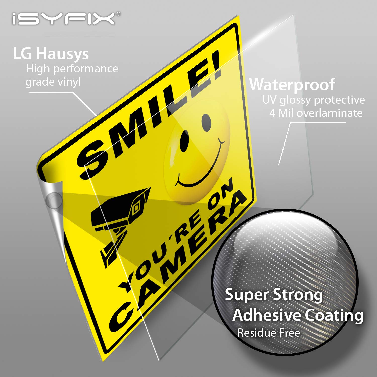Isyfix Smile You'Re On Camera Stickers For Business   4 Pack 7X6 Inch   Self Adhesive Vinyl Decal, Laminated For Ultimate Uv Pro