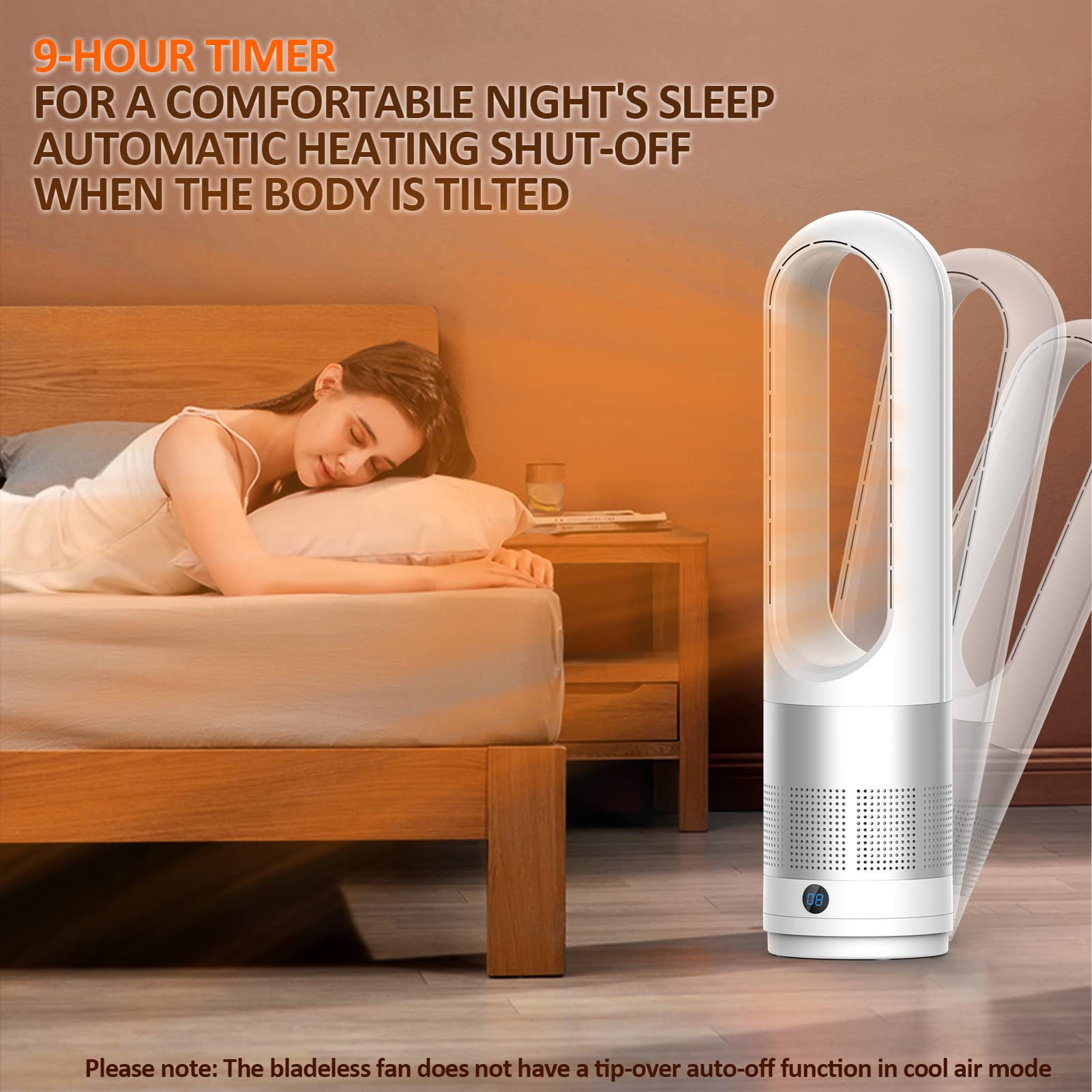 Bladeless Tower Fan, 1400W Space Heater & 40W Cooler Fan Combo With Remote, 80Oscillation, 8 Speeds And 3 Heating Modes, 9H Time