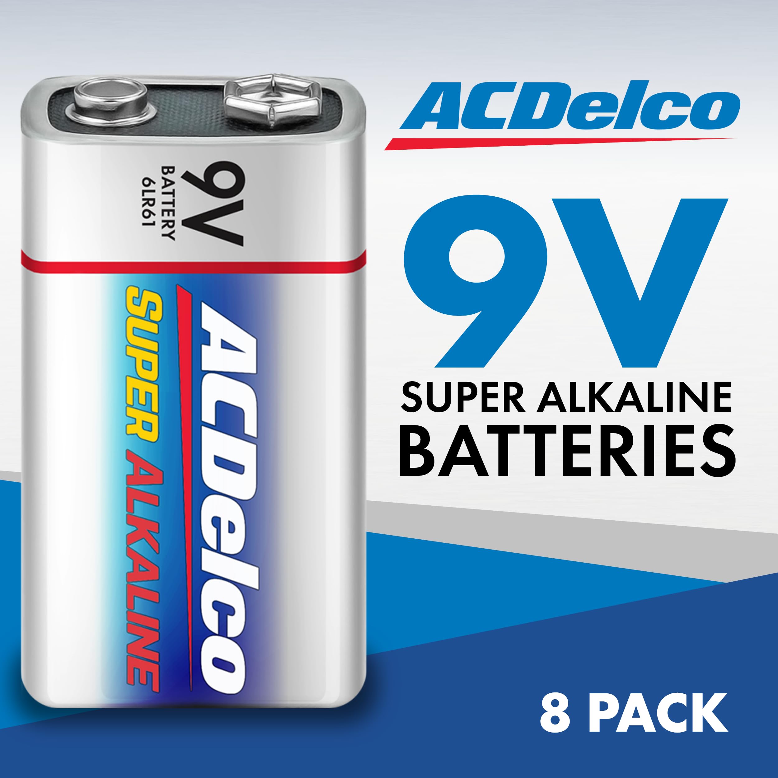 Acdelco 8 Count 9 Volt Batteries, Maximum Power Super Alkaline Battery, 7 Year Shelf Life, Reclosable Packaging