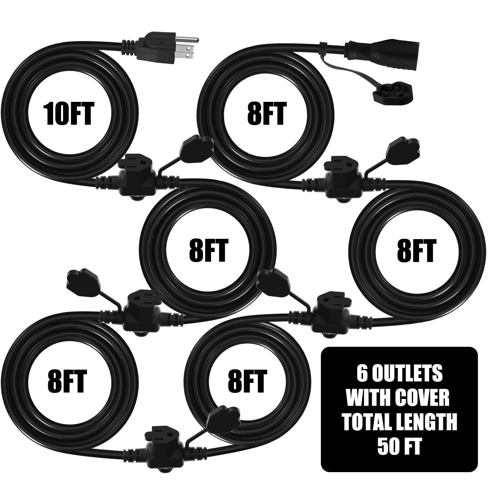 Makevivi 50Ft Outdoor Extension Cord   Evenly Spaced 6 Outlets Plugs With Safety Cover, 16/3 Sjtw Weatherproof Multi Outlet Exte