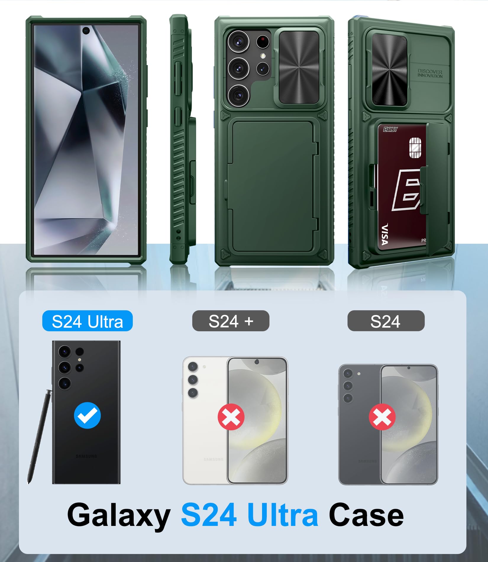 Bxyjy For Samsung Galaxy S24 Ultra Case With Card Holder (Store 4 5 Cards) & Kickstand & Slide Lens Cover, Military Grade Drop P