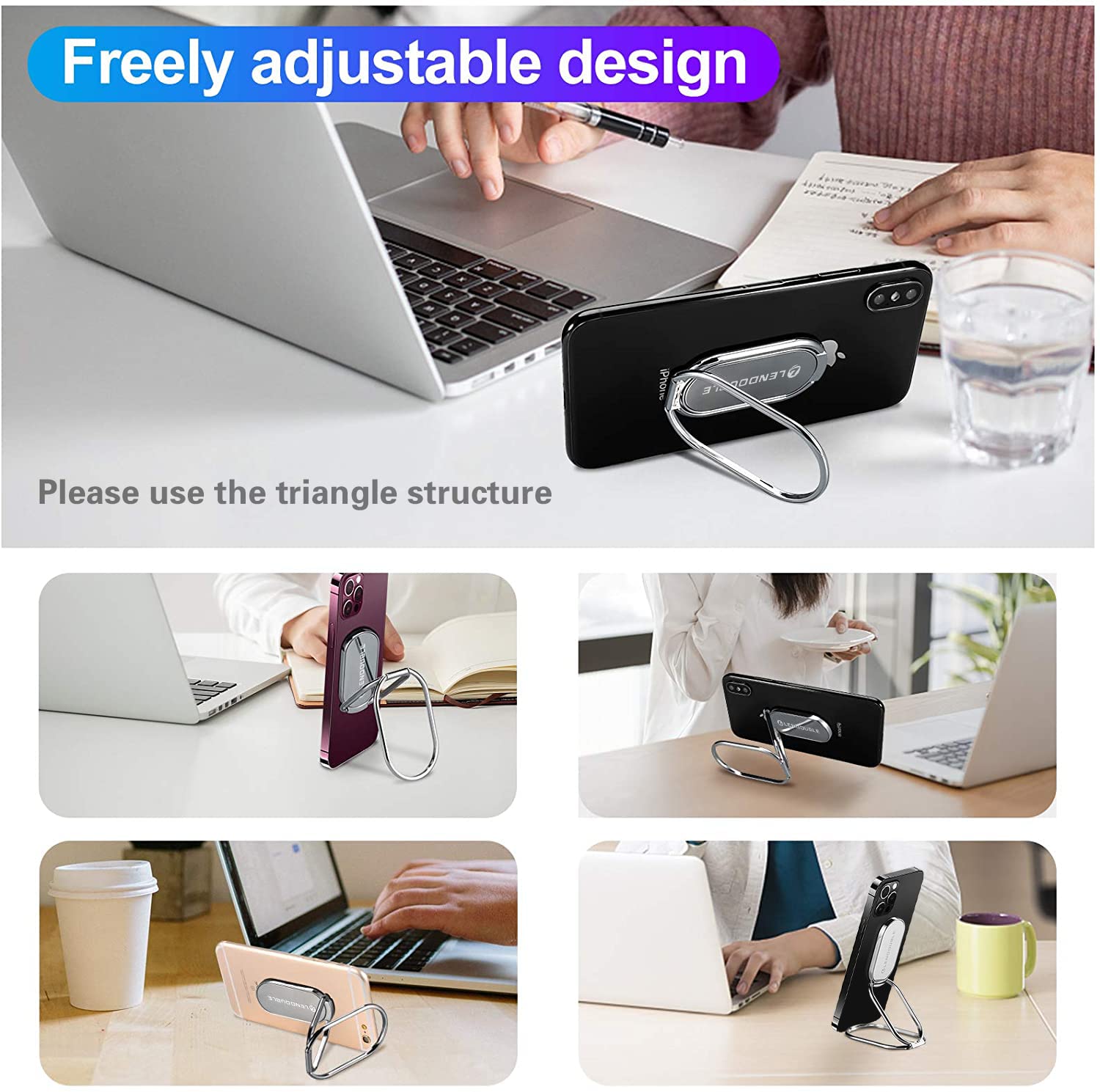 Foldable Cell Phone Stand For Desk, Adjustable Cellphone Ring Holder Finger Kickstand For Office Desktop & Magnetic Car Mount, R