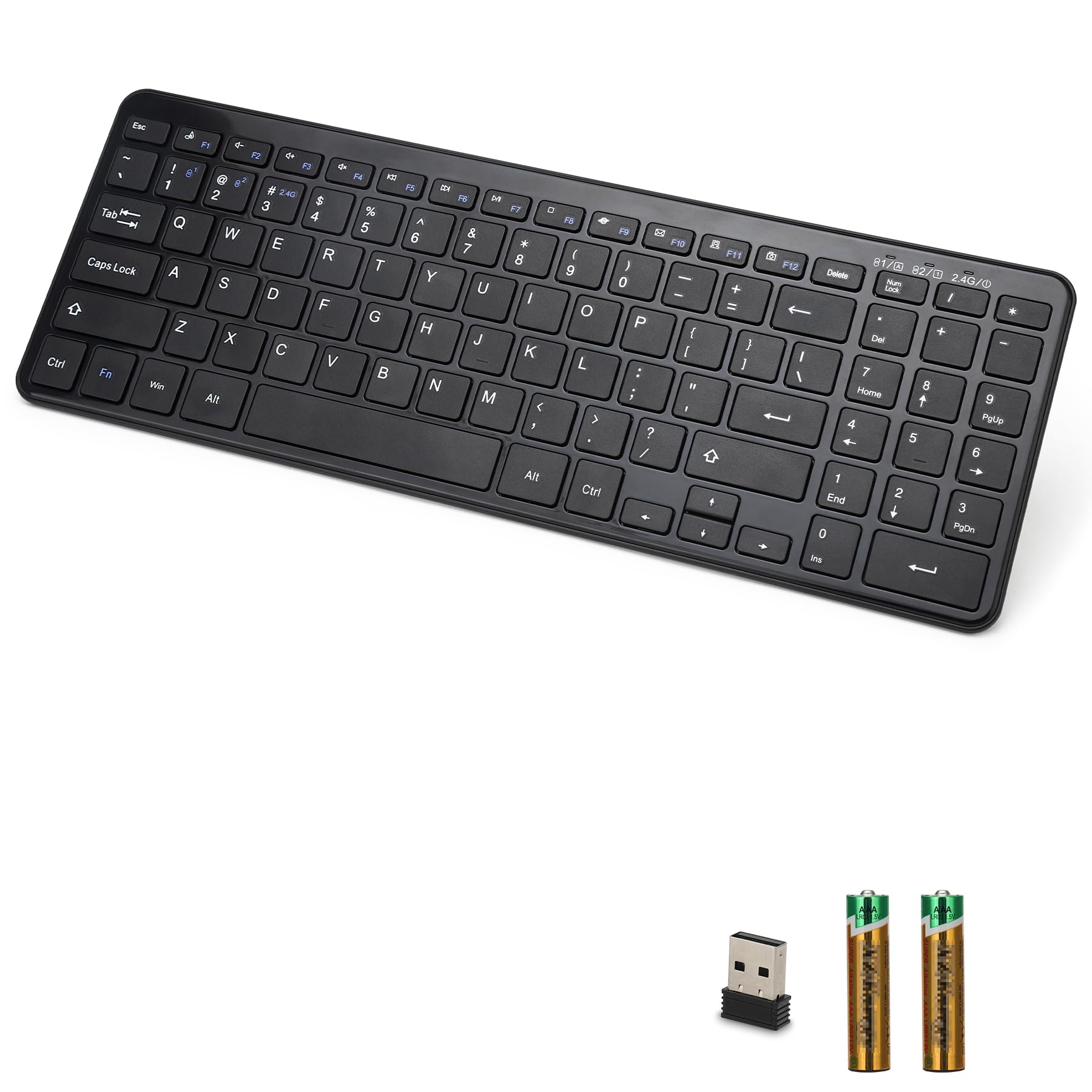 Awaygerous Wireless Bluetooth Keyboard, Universal Multi-Device Keyboard with Number Pad and Media Hotkeys, USB + Dual BT Connect