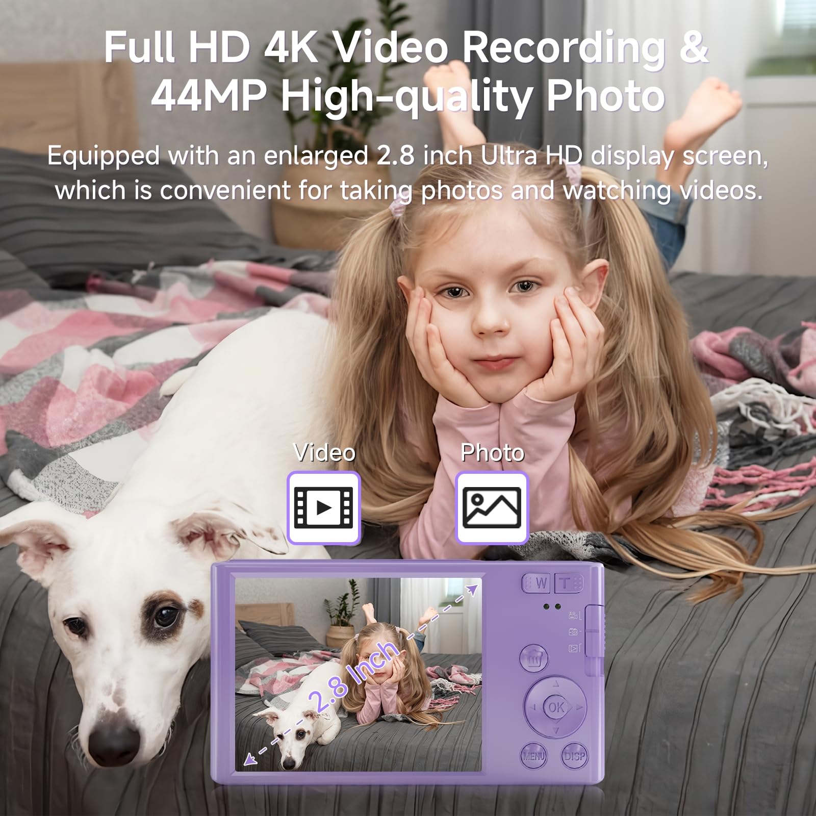 Fhd 4K 44Mp Digital Camera For Kids Video Camera With 64Gb Sd Card 16X Digital Zoom, Compact Point And Shoot Camera Portable For