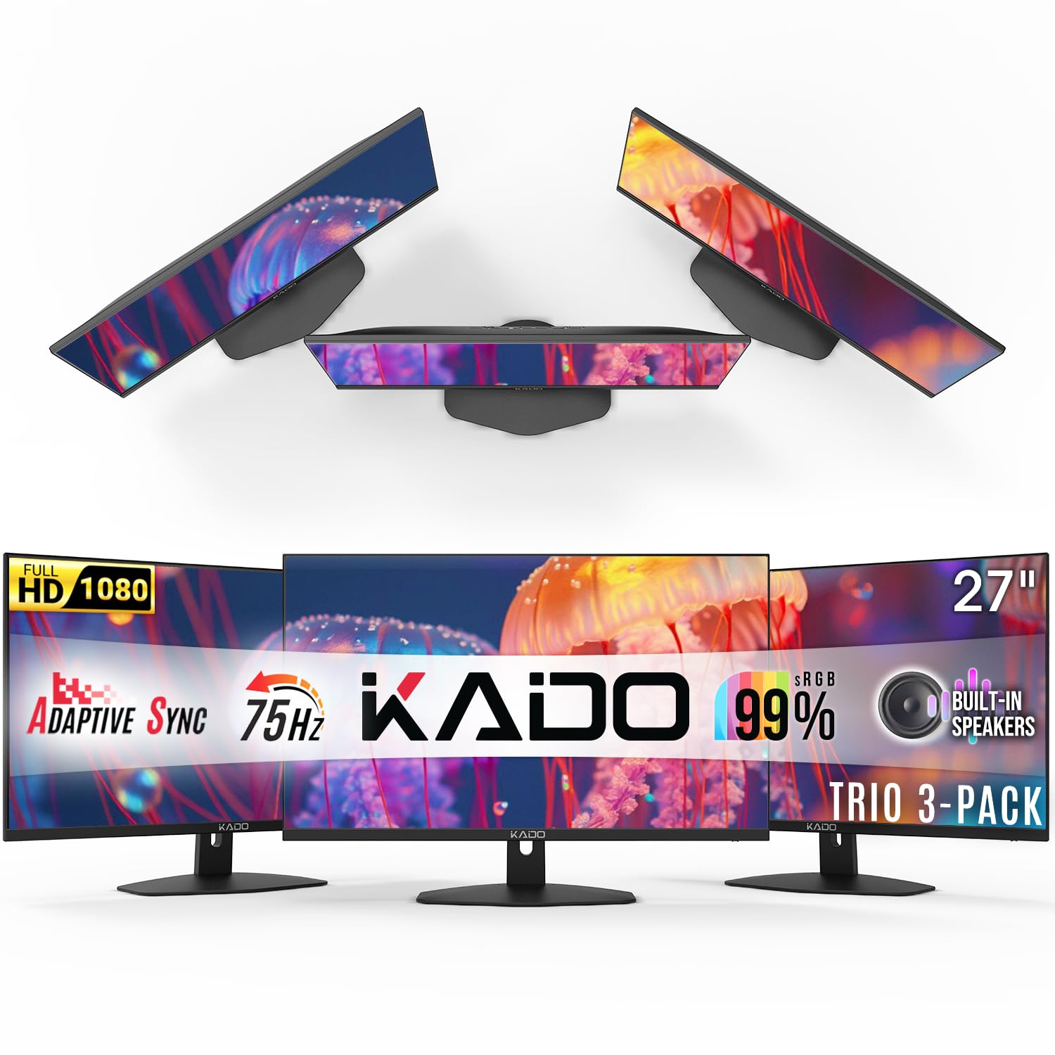 Kado Triple Monitor Setup   3 Pack 27'' 1920X1080 Computer Monitor 75Hz Vesa Mount Hdmi Office Gaming Hybrid Built In Speakers (