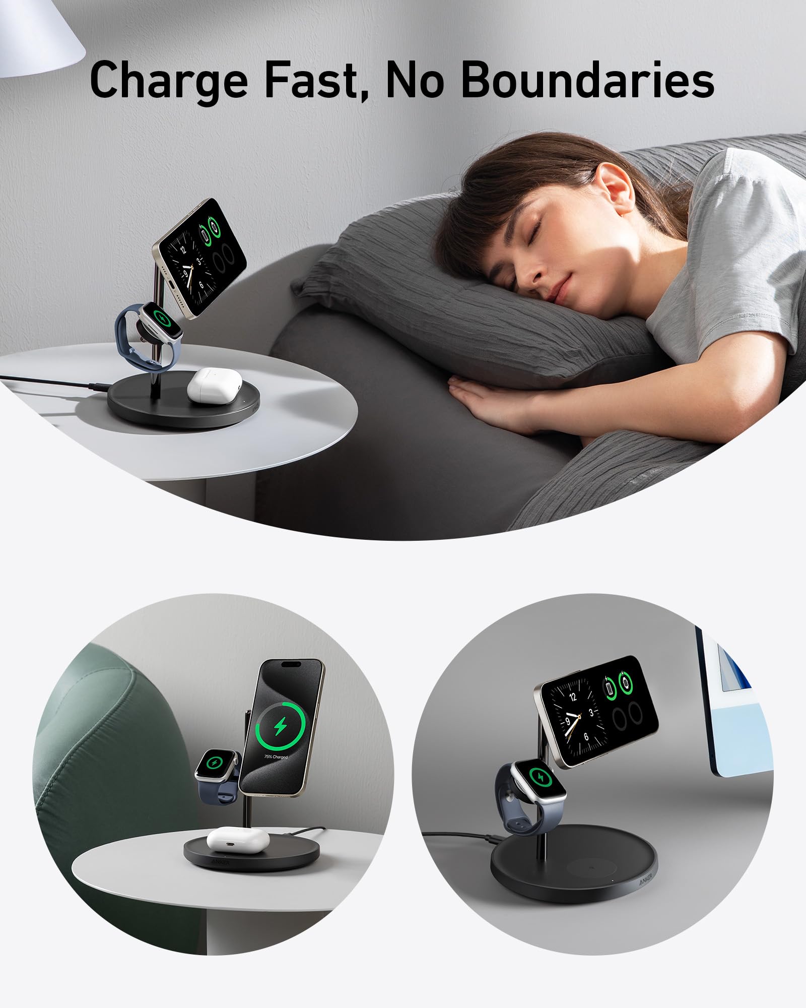 Anker Magsafe Compatible Iphone 16 Wireless Charging Stand, Maggo 3 In 1 Wireless Charging Station, Qi2 Certified 15W Wireless C