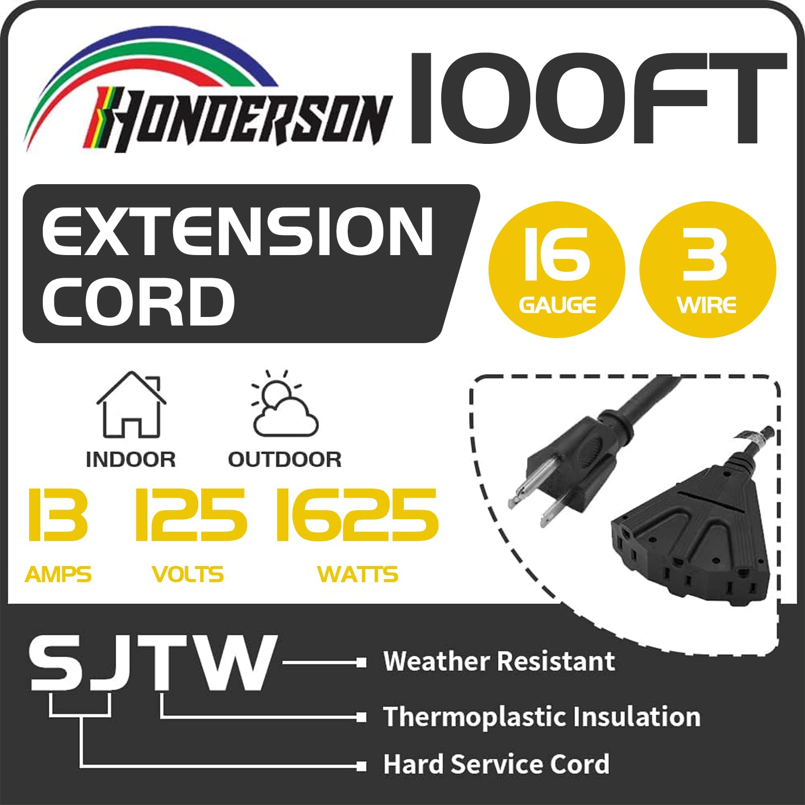 Honderson 3 Outlets Indoor Outdoor Extension Cord Weatherproof, Ul Listed, 16 Gauge 100Ft Black 3 Prong Heavy Duty, 16/3 Sjtw 10