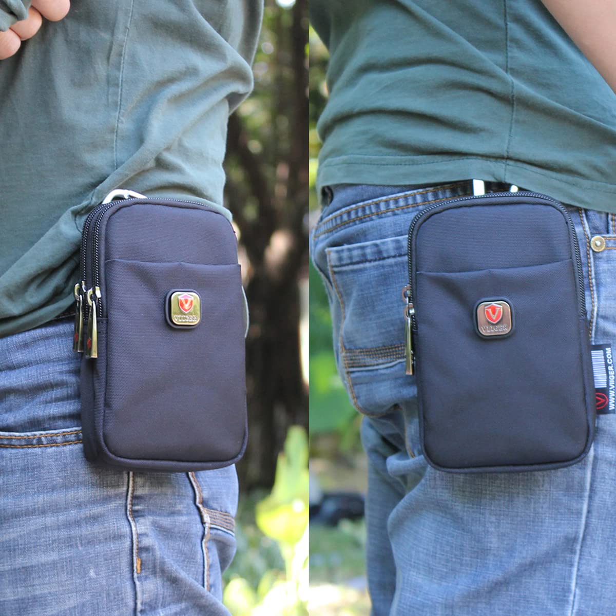 VIIGER Nylon Dual Phone Holster Belt Case - Black, Compatible with iPhone 17 Pro Max, 2 Zipper Pockets, Men's Belt Pouch