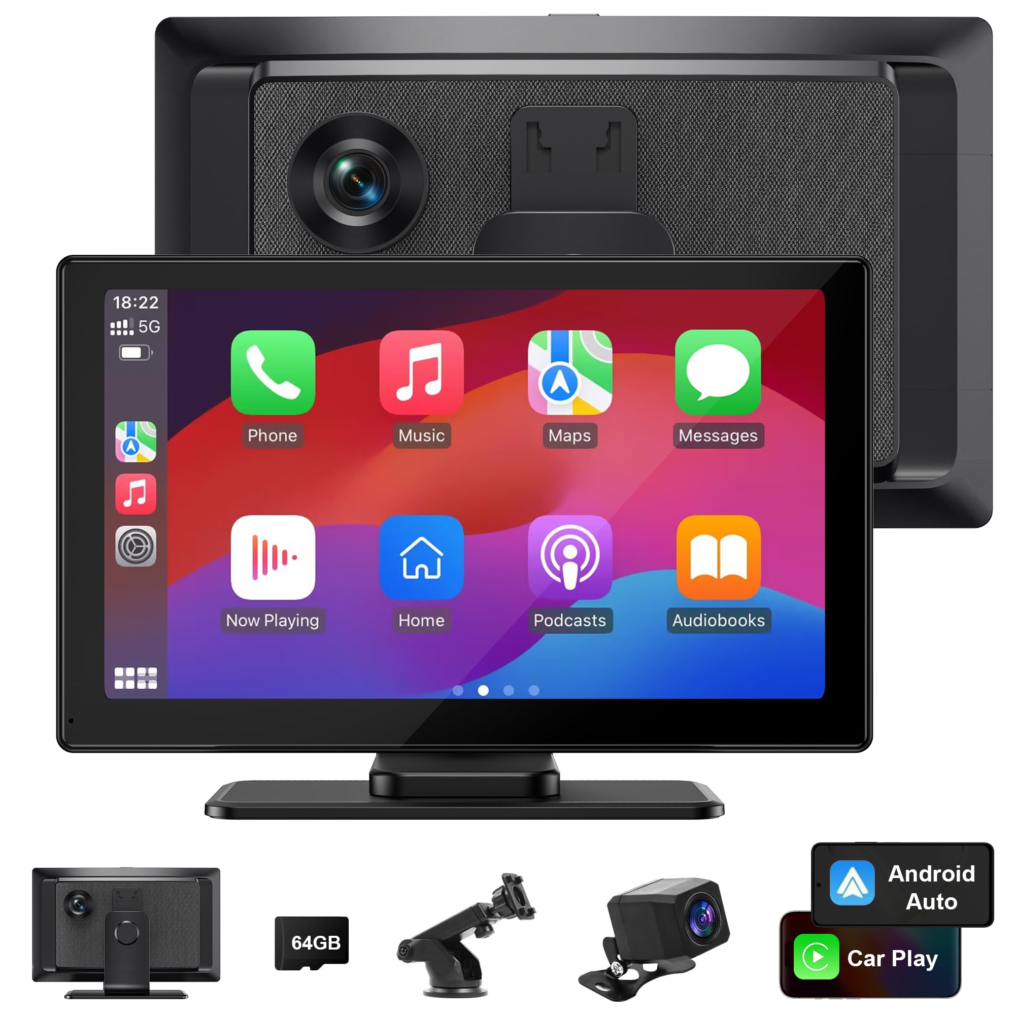 Portable Carplay Screen For Car, Vuddig 4K Dash Cam, Wireless Carplay Screen & Android Auto, 9'' Touchscreen Car Audio Receivers