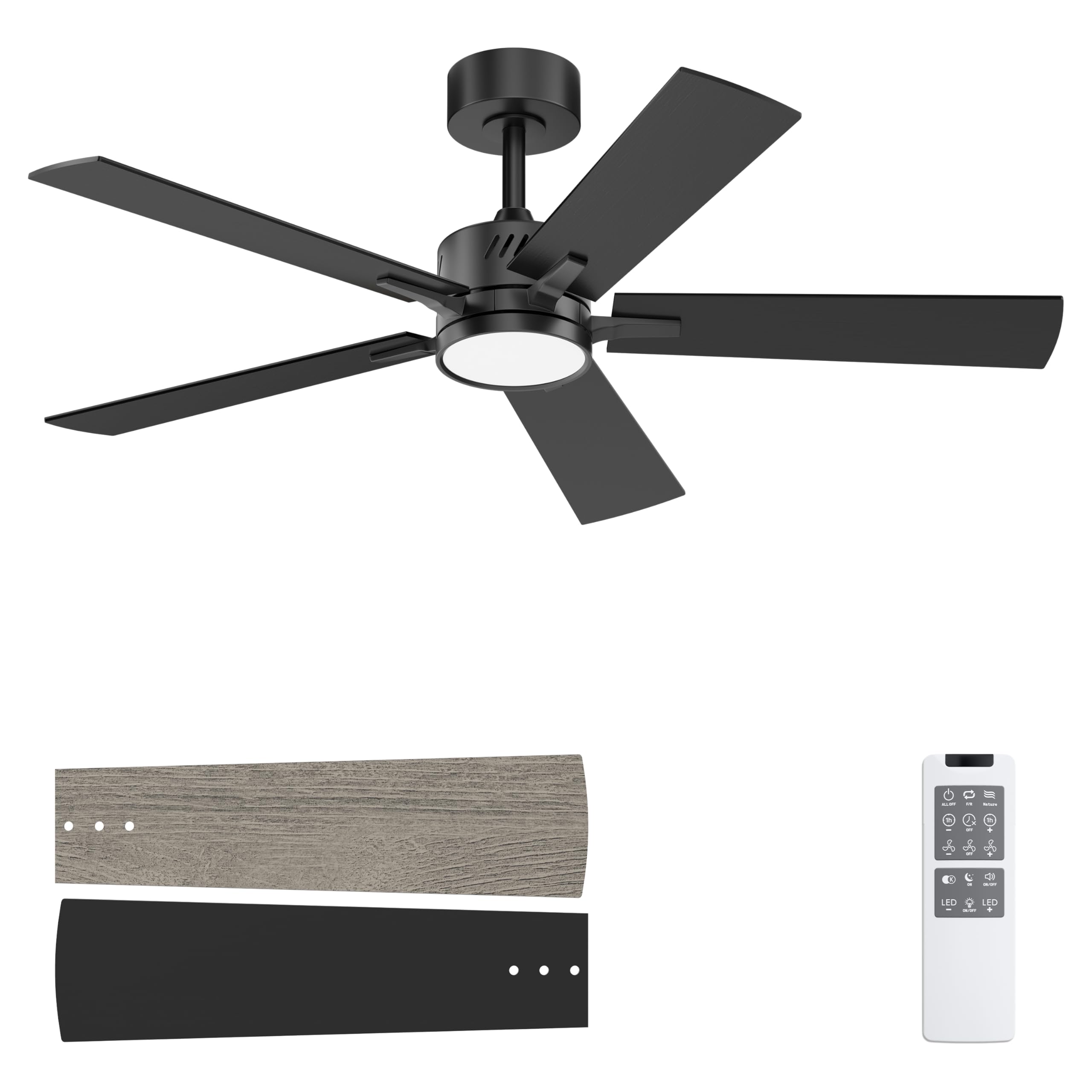 Ohniyou 48 Ceiling Fans with Lights and Remote, 6 Speeds, 3 Colors & Dimmable LED Light, Quiet DC Motor Black Ceiling Fan for 