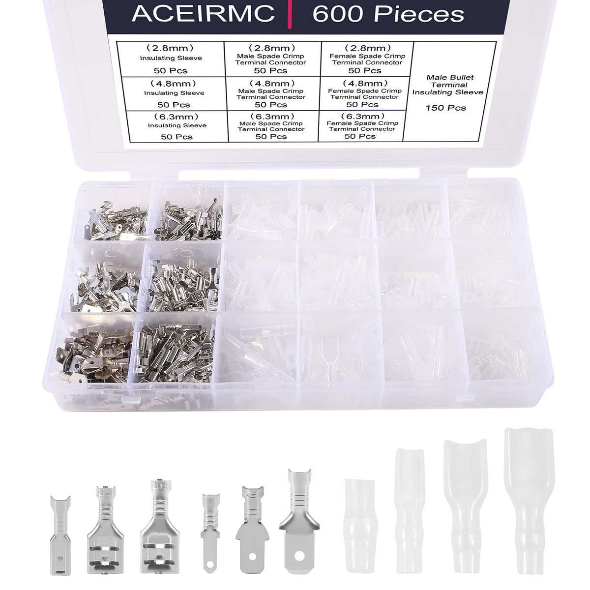 Aceirmc 600Pcs 2.8Mm 4.8Mm 6.3Mm Wire Spade Connector Male And Female Quick Splice Wire Crimp Terminal Block With Insulating Sle