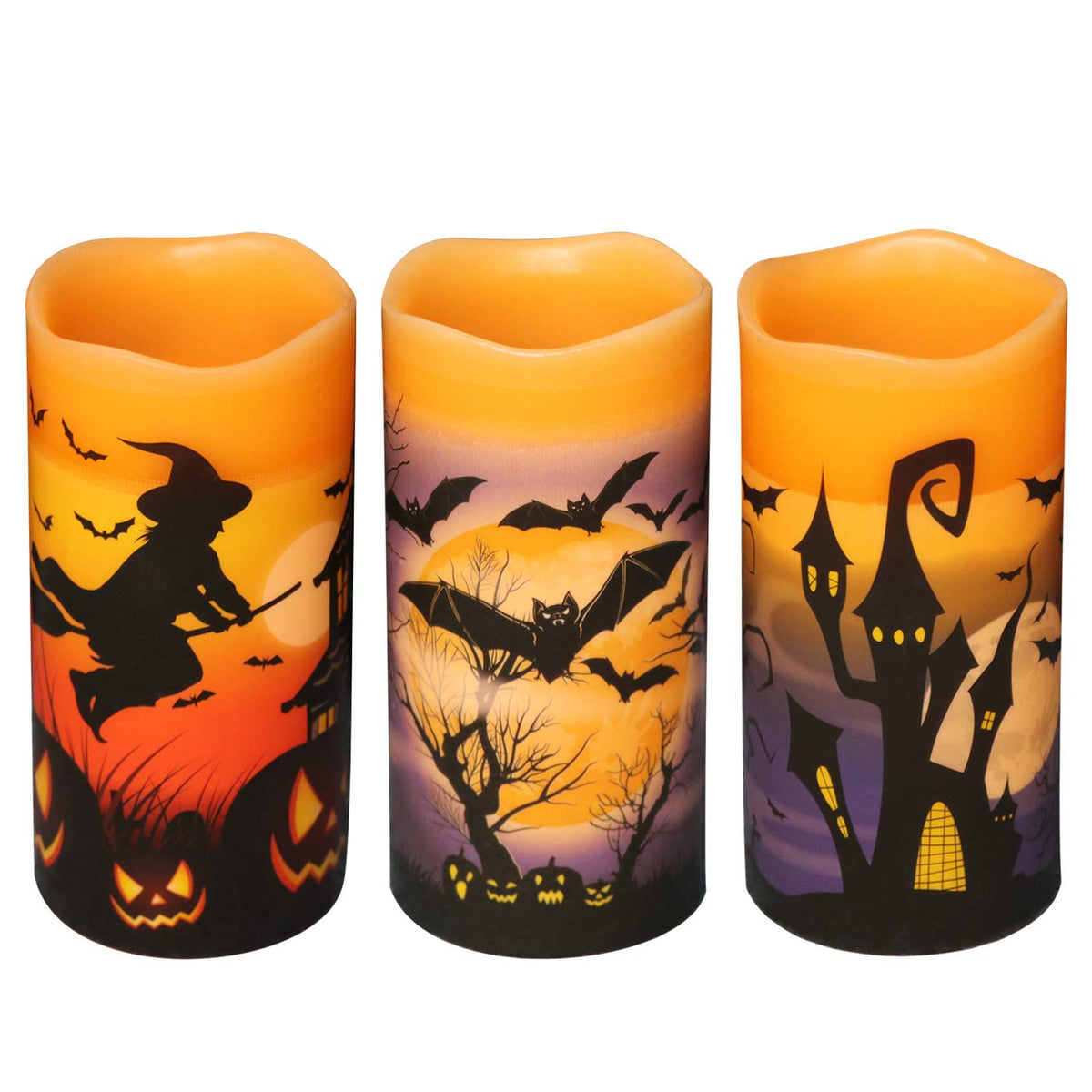 Dromance Halloween Led Flameless Pillar Candles Battery Operated With 6 Hour Timer Set Of 3 Orange Wax Warm Light Flickering Wit