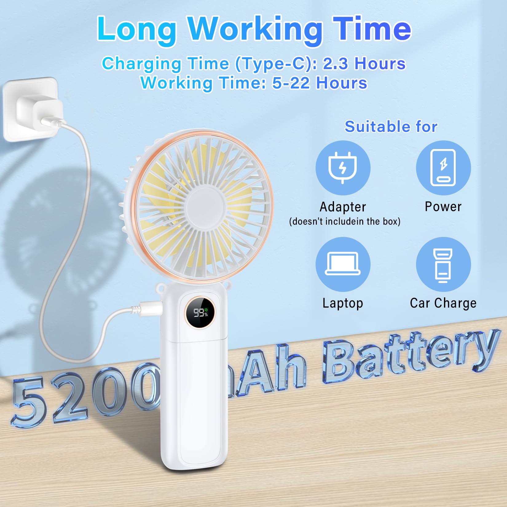 Portable Handheld Fan, 5200Mah Portable Fan Rechargeable, 180 Foldable Small Mini Hand Held Fan, Max 22 Hrs Working, 6 Speeds, L