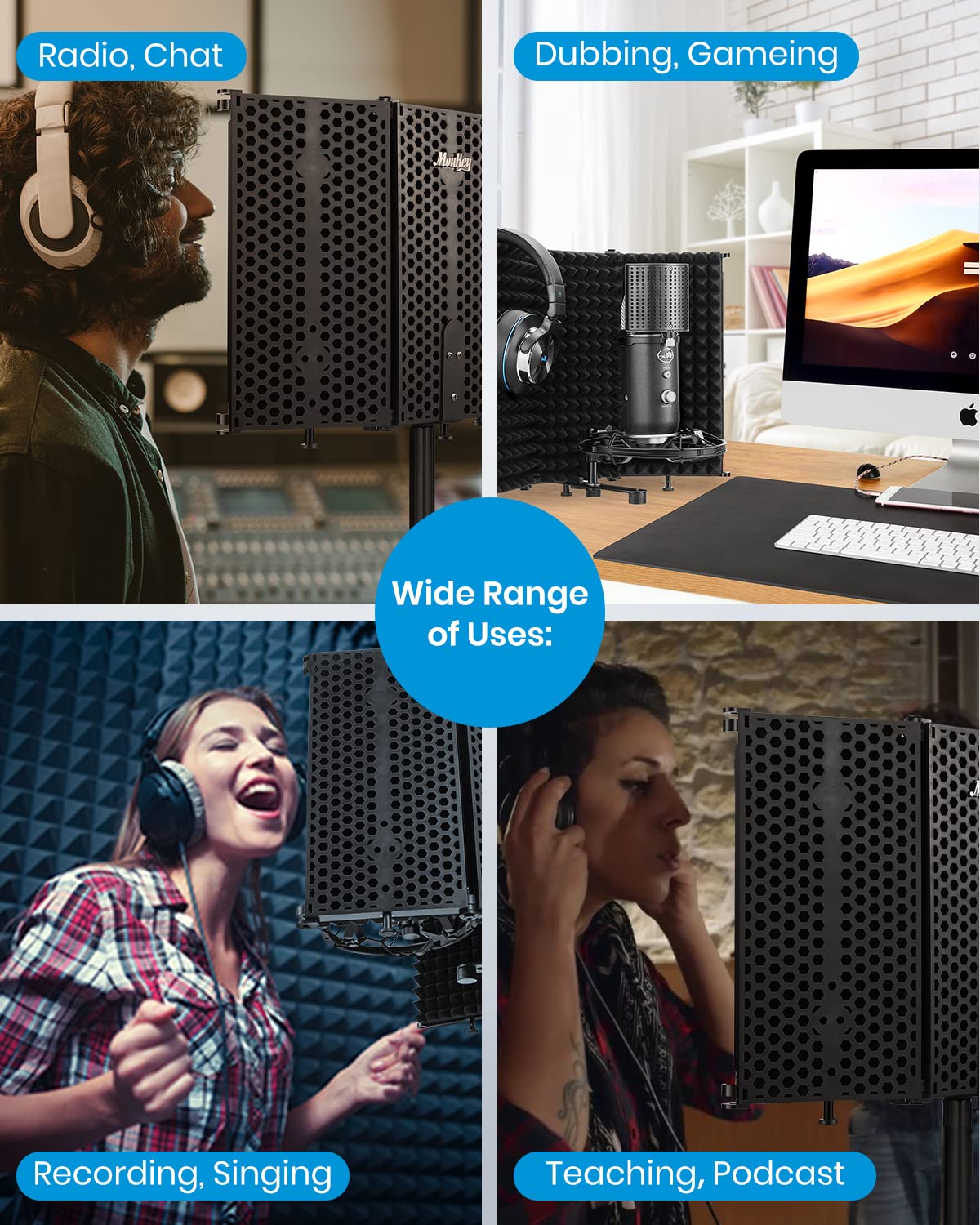 Moukey Microphone Isolation Shield, Foldable Mic Shield With Triple Sound Insulation, Reflection Filter With 3/8 And 5/8 Mic Thr