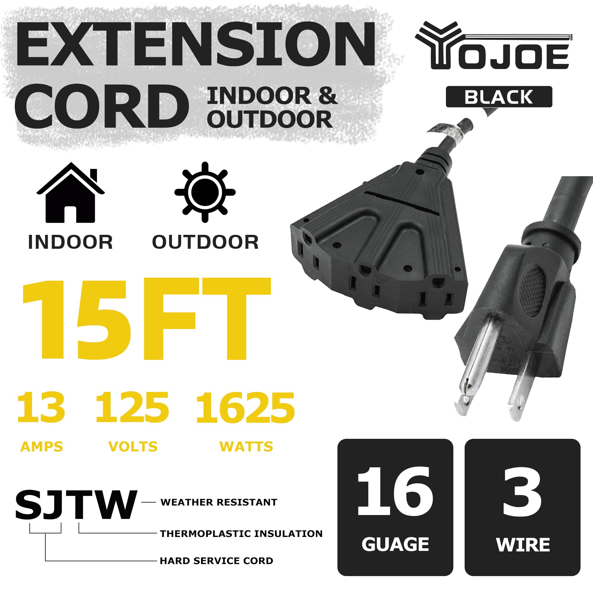 Yojoe 3 Outlets Indoor Outdoor Extension Cord, 3 Prong 13A Weatherproof Power Cord Multiple Outlets, 16 Gauge Heavy Duty 15 Ft B