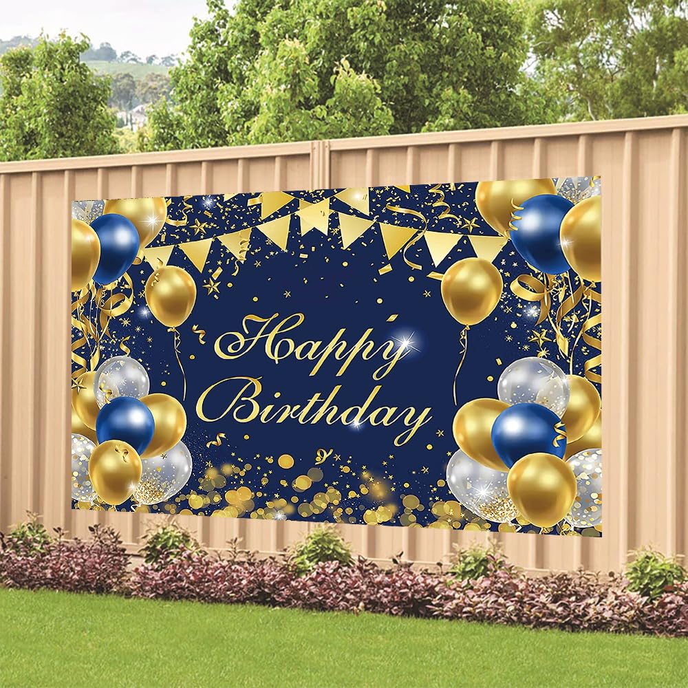 Blue Gold Birthday Party Backdrop Blue Gold Happy Birthday Banner Blue Gold Photography Background For Home Decorations Party Su
