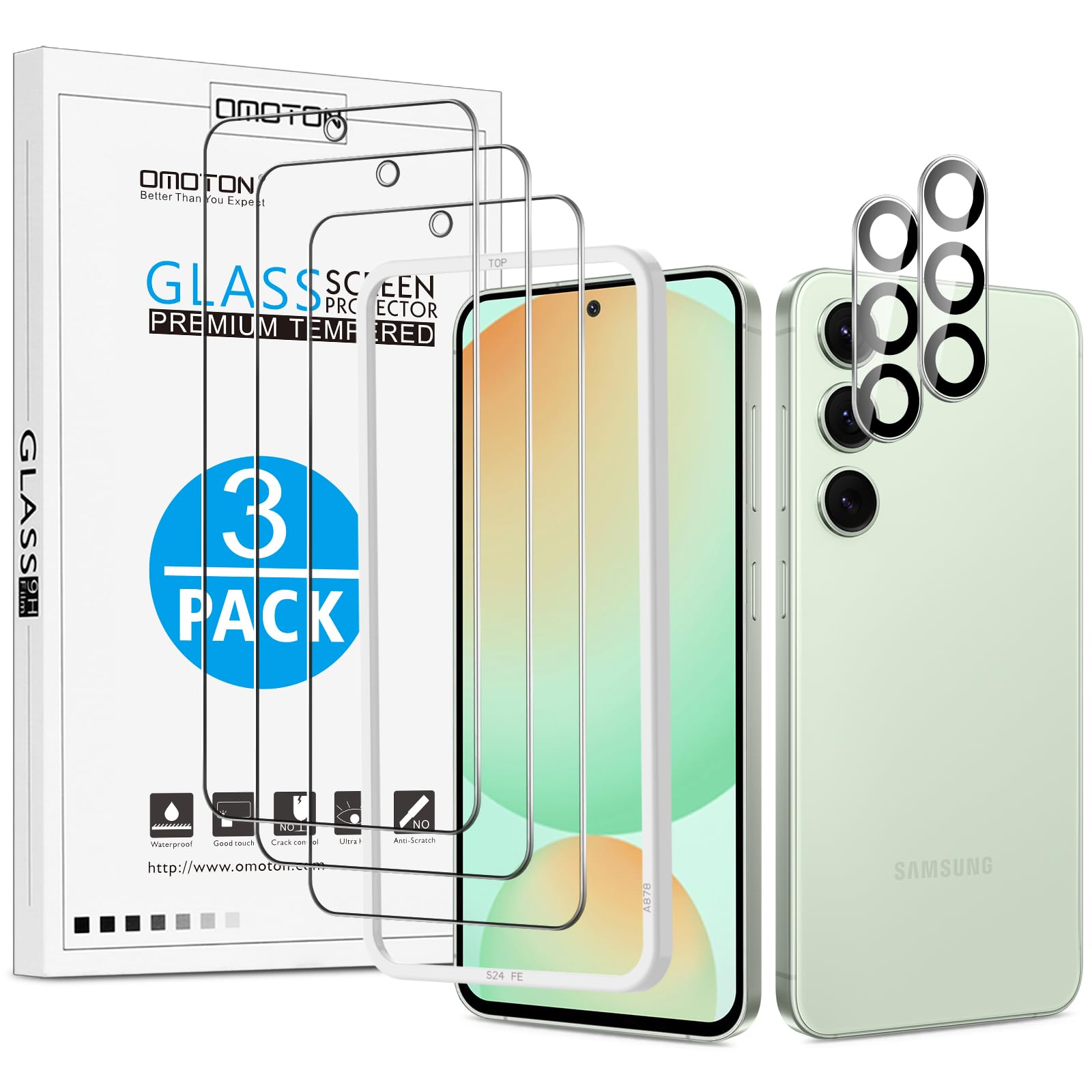 Omoton 3+2 Pack Screen Protector And Camera Lens Protector For Samsung Galaxy S24 Fe, Anti Scratch, Bubble Free,Tempered Glass S
