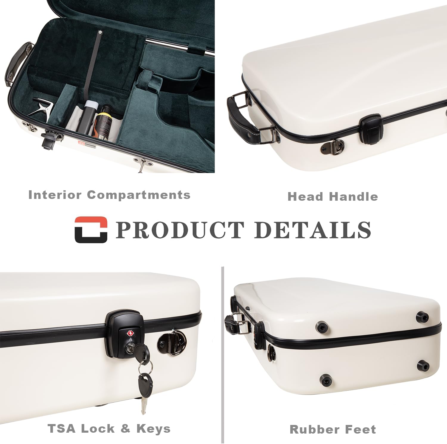 Crossrock Fiberglass Mandolin Case - Oblong For F-Style (Fits Gibson F5) | Milky White Gloss Finish, Forest Green Velvet, Tsa Lo