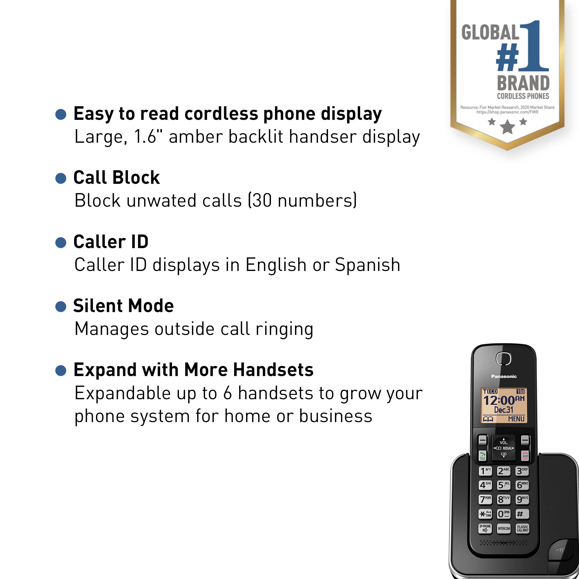 Panasonic Expandable Cordless Phone System With Amber Backlit Display And Call Block   1 Handset   Kx Tgc350B (Black)
