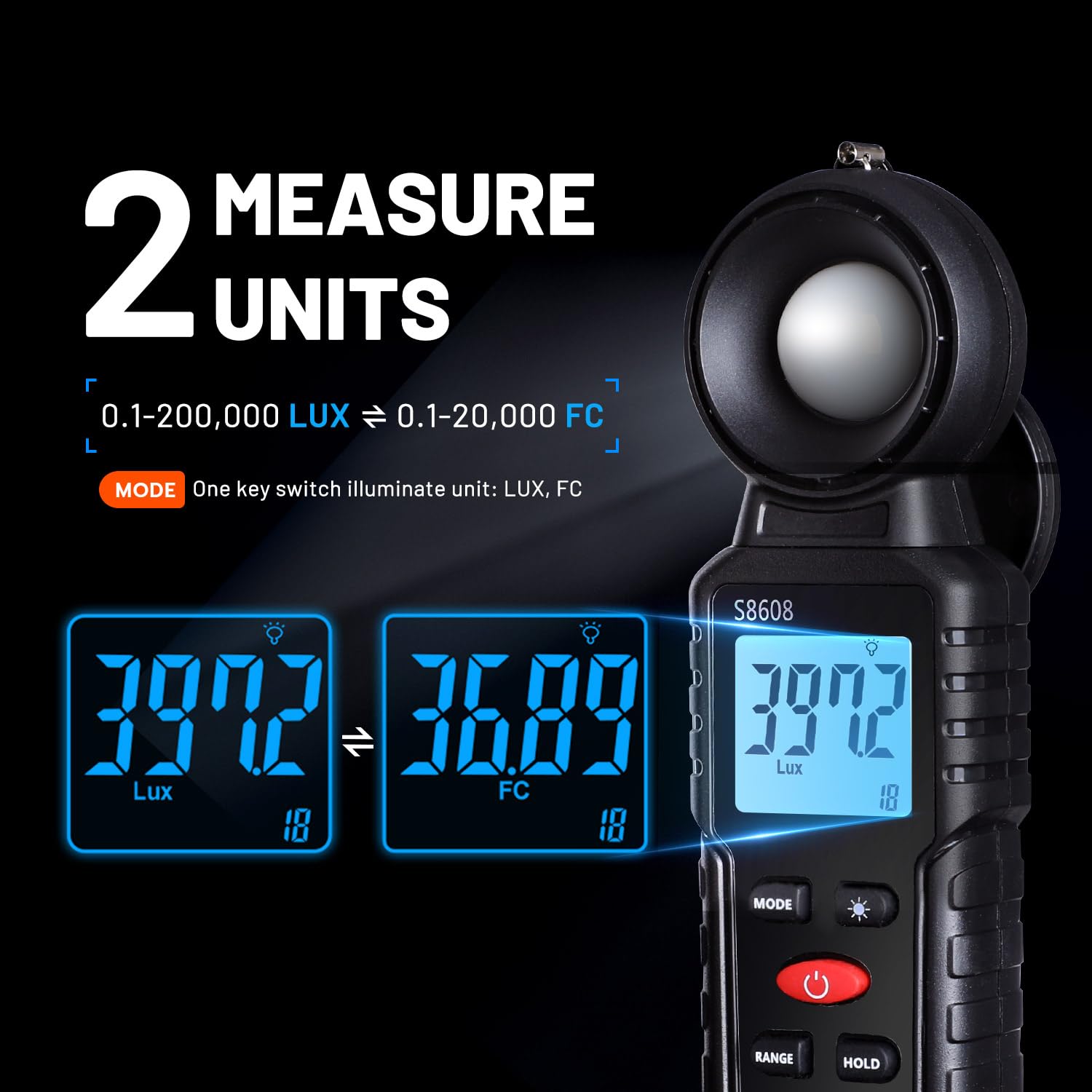 Mcbazel Digital Illuminance Light Meter, Photometer Light Intensity Sense Tester With Lcd Display,Lux Meter Range Up To 200,000