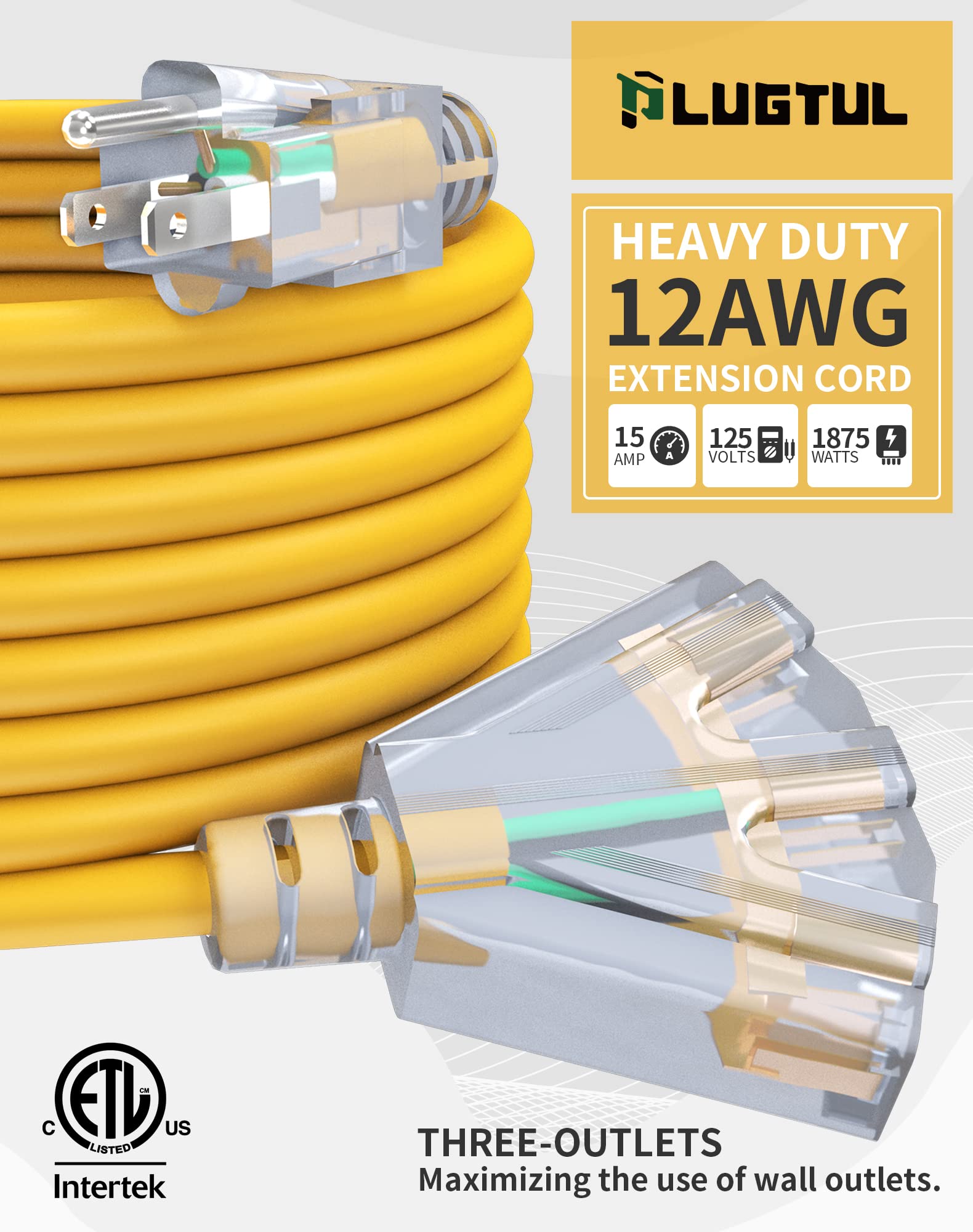 2Ft 12 Gauge Outdoor Extension Cord With 3 Outlets, 3Pack, Heavy Duty 3 Prong Extension Cord Waterproof With Lighted End, 15A 12