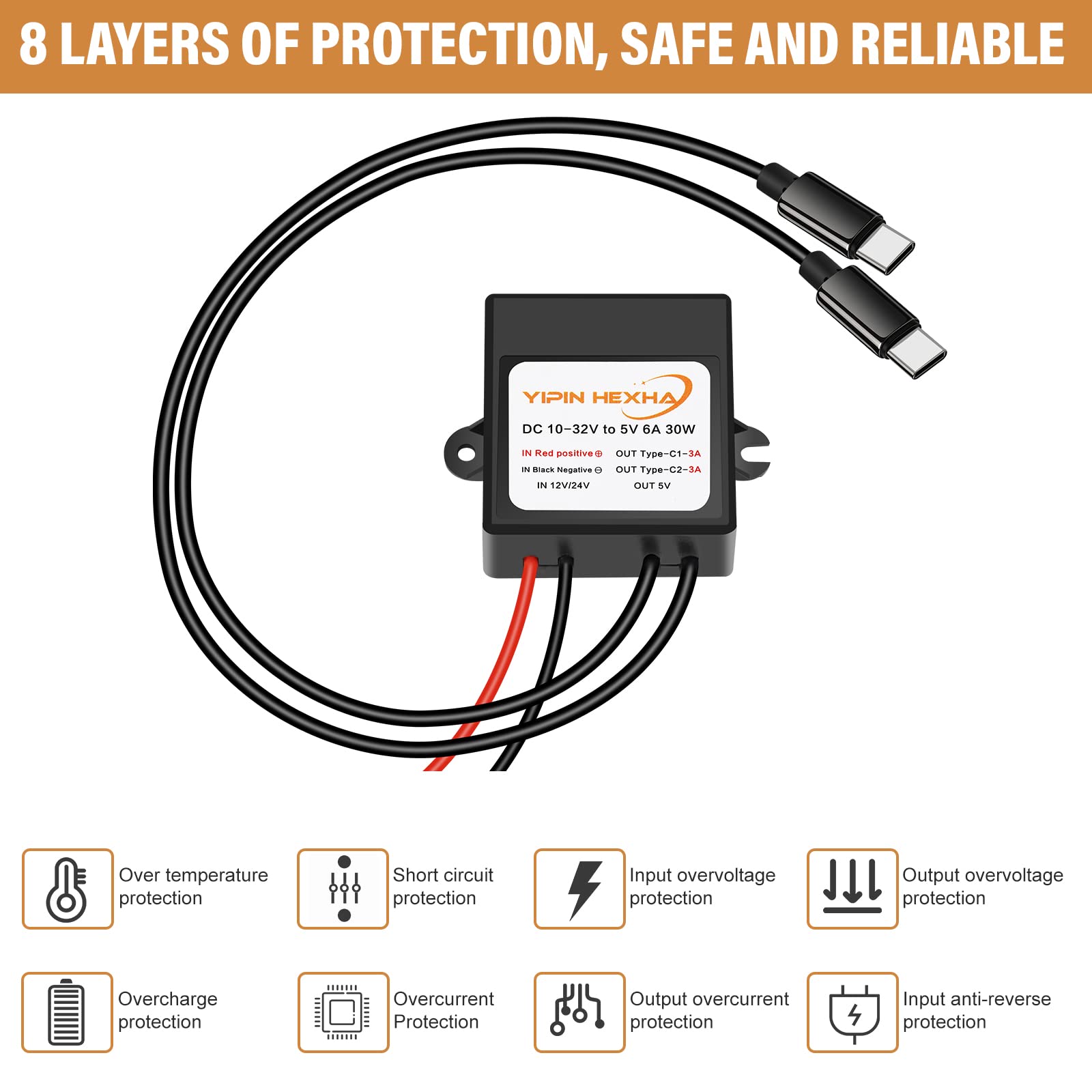 YIPIN HEXHA DC 12V/24V to 5V 6A 30W Dual Type-C USB C Converter Power Adapter - Black Step Down Charging Module
