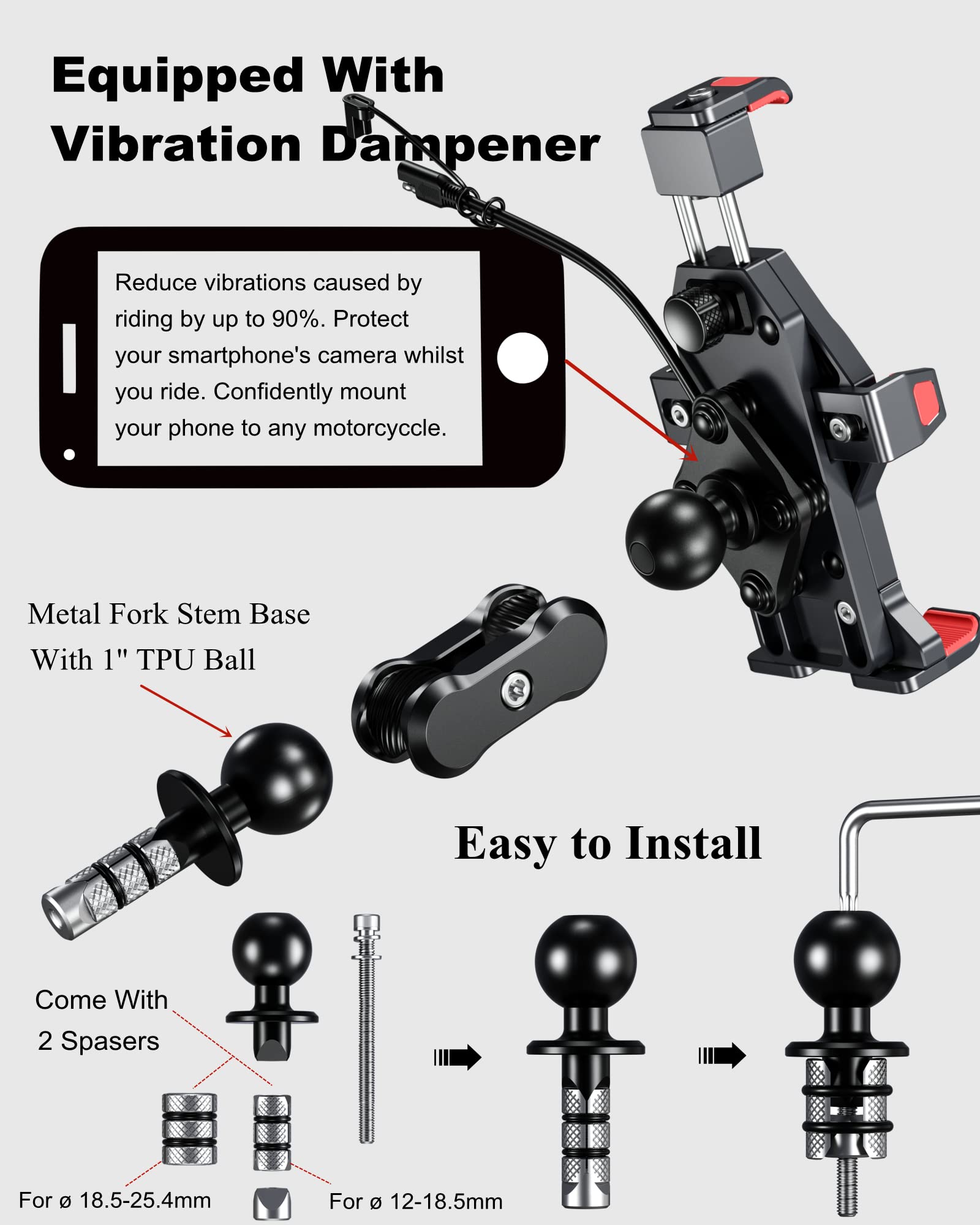 Brcovan Motorcycle Fork Stem Phone Mount With Qi 15W Wireless Charger & Vibration Dampener, Anti-Theft, Anti-Shake, Adjustable,