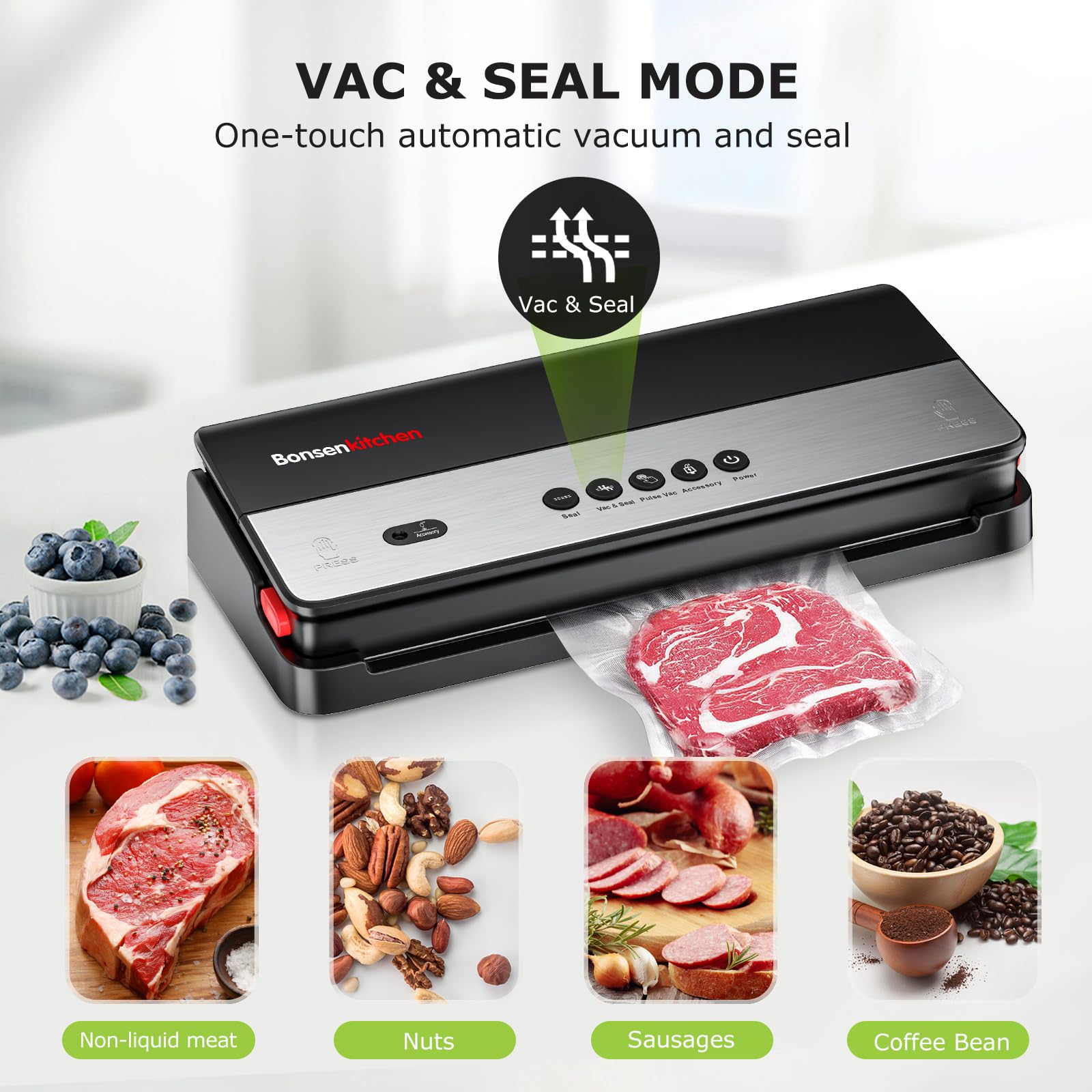 Bonsenkitchen Vacuum Sealer Machine, Multi Functional Food Sealer, Built In Cutter & Bag Storage, Globefish Technology For High