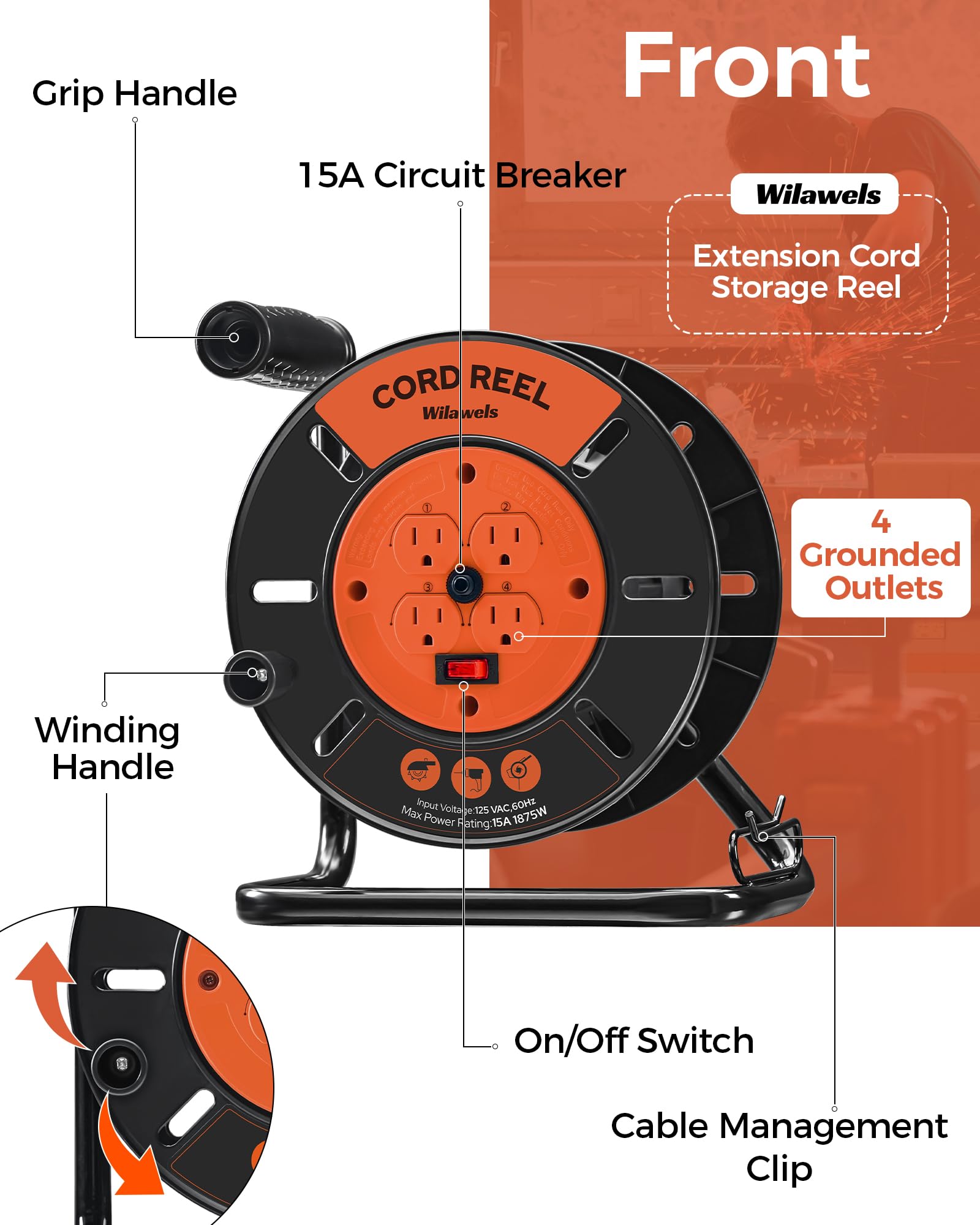 Wilawels Extension Cord Storage Reel With 4 Grounded Outlets, Heavy Duty Open Cord Reel For 12/3,14/3,16/3 Gauge Power Cord, Han