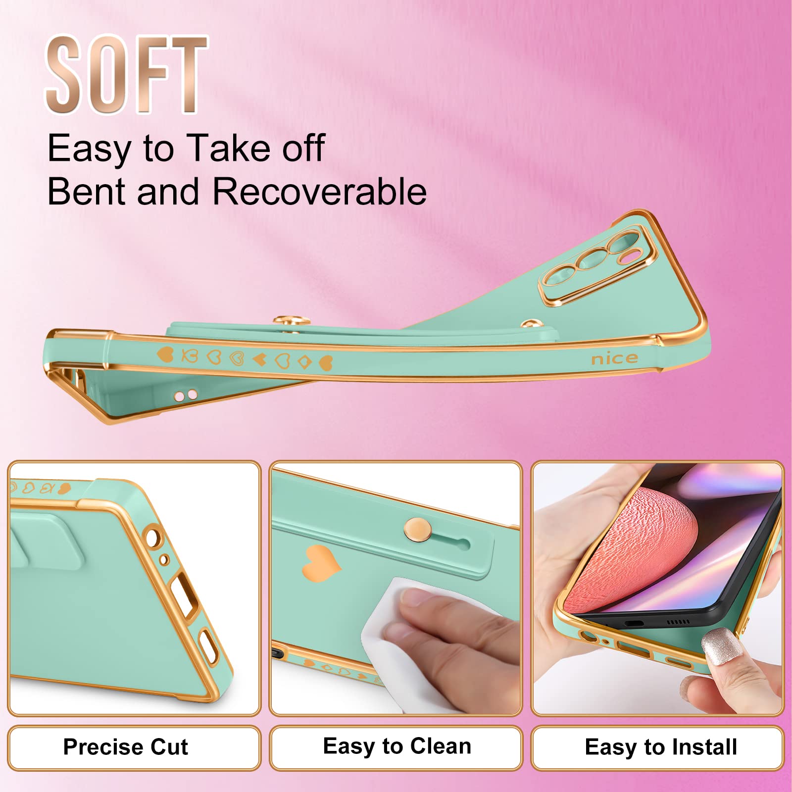 Likiyami (3In1 For Moto G 5G 2022 Case Heart For Women Girls Girly Cute Pretty With Stand Phone Cases Mint Green Gold Plating Lo