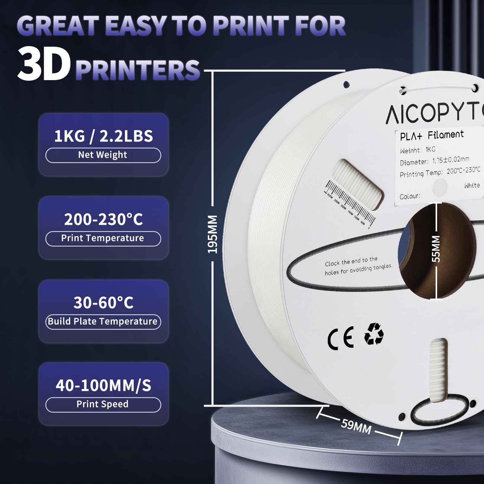 Aicopyto Pla Plus(Pla+) Filament 1.75Mm, Tougher And Stronger 3D Printer 1Kg Spool (2.2Lbs) White Pla+ Filament Dimensional Accu